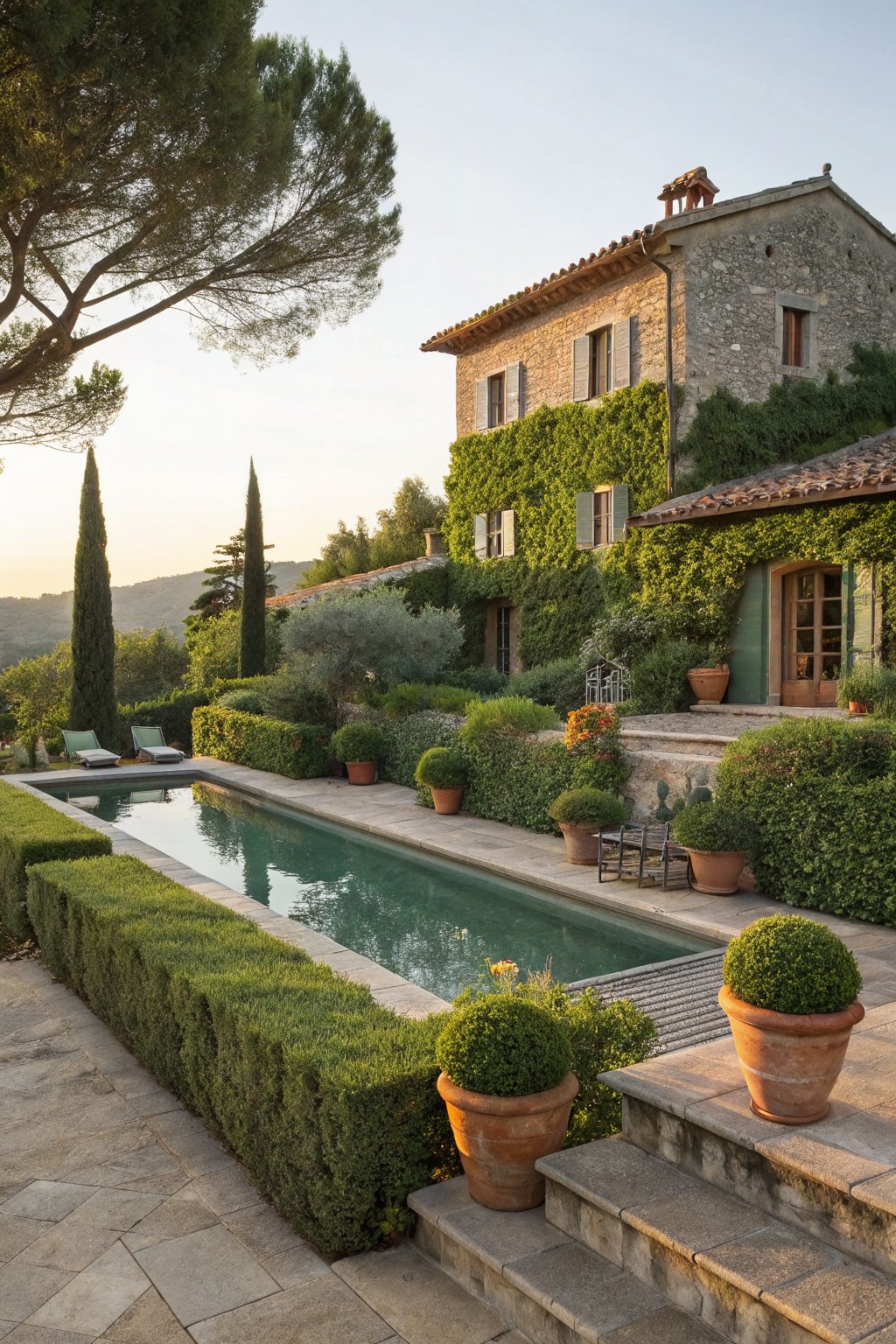 Stone Mediterranean-style house with ivy on walls and cypress trees overlooking a rectangular pool edged by low boxwood hedges, terracotta pots, and garden plantings on a stone terrace at sunset.