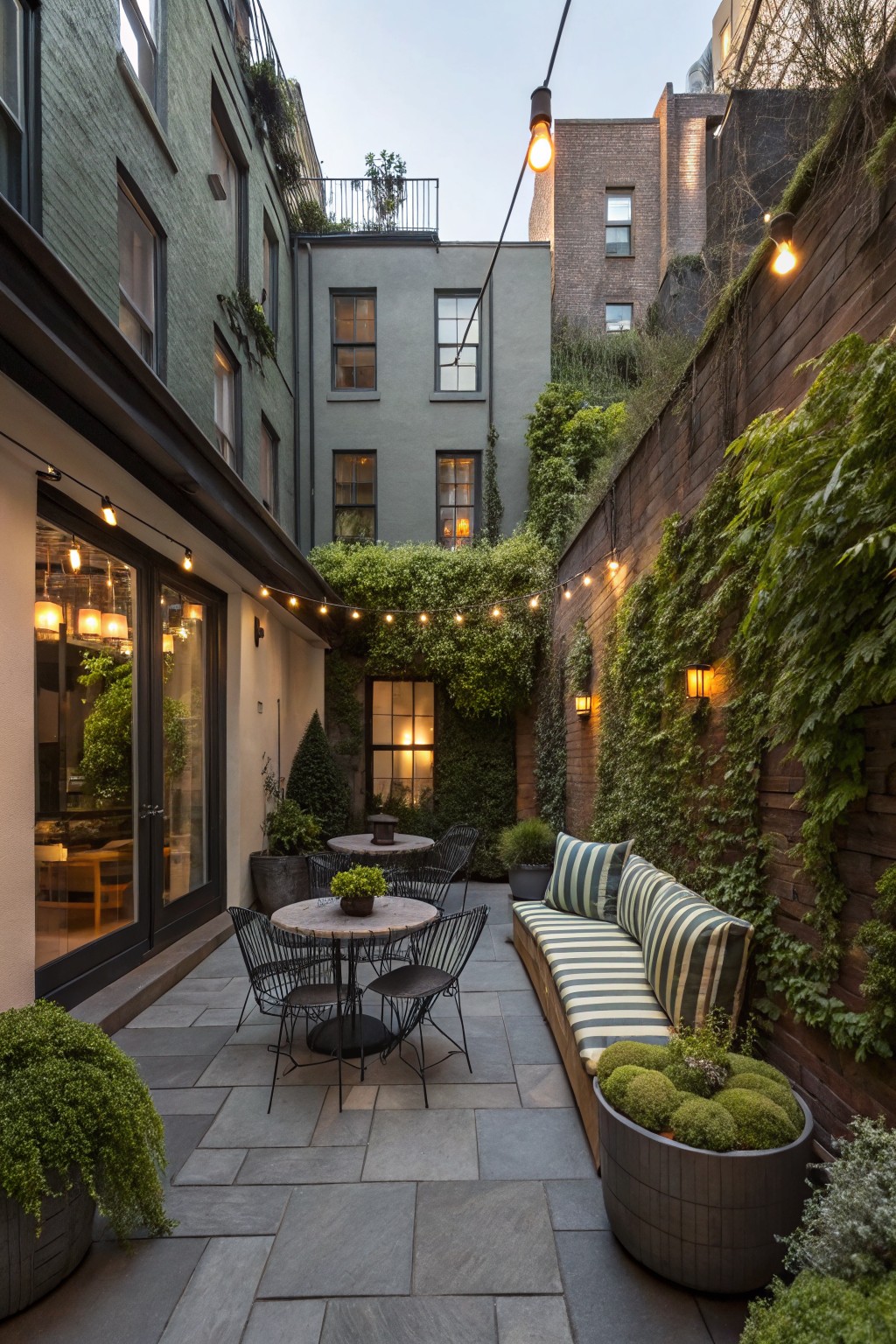 Narrow urban courtyard with ivy climbing brick and wooden walls, slate tile patio, round metal table with wire chairs, striped cushioned bench, potted plants, and string lights overhead between buildings.