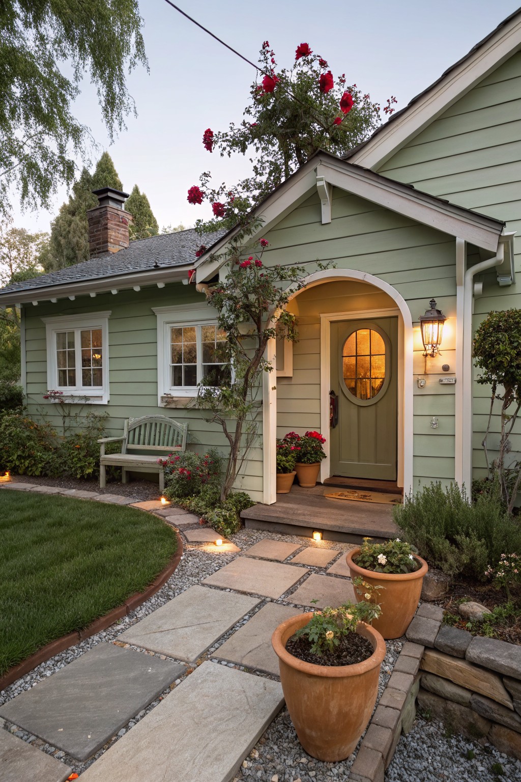 Sage green Craftsman-style house exterior with arched porch entry, green door with round window, climbing red roses overhead, wooden bench on side wall, stone pathway, potted plants, and lawn edging.