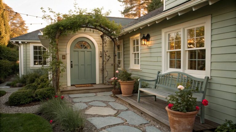 Sage green Craftsman-style house exterior with arched porch entry, green door with round window, climbing red roses overhead, wooden bench on side wall, stone pathway, potted plants, and lawn edging.
