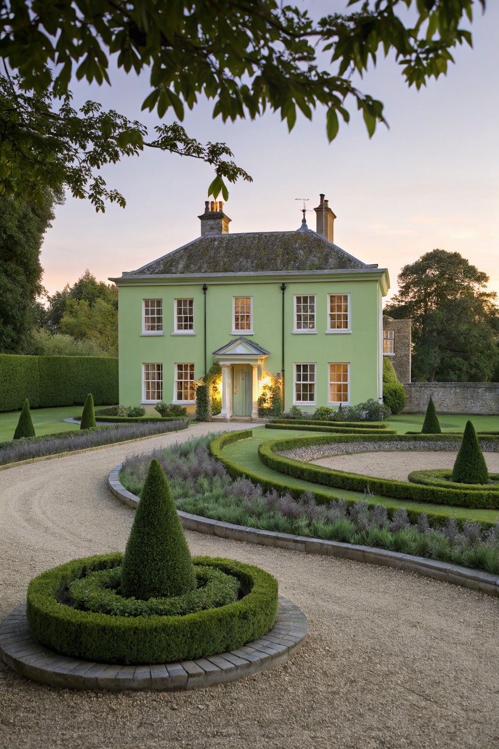 Pale green two-story house with slate roof and chimneys, approached by curved gravel driveway edged with circular boxwood hedges, lavender borders, conical topiaries, and formal lawn panels at dusk.