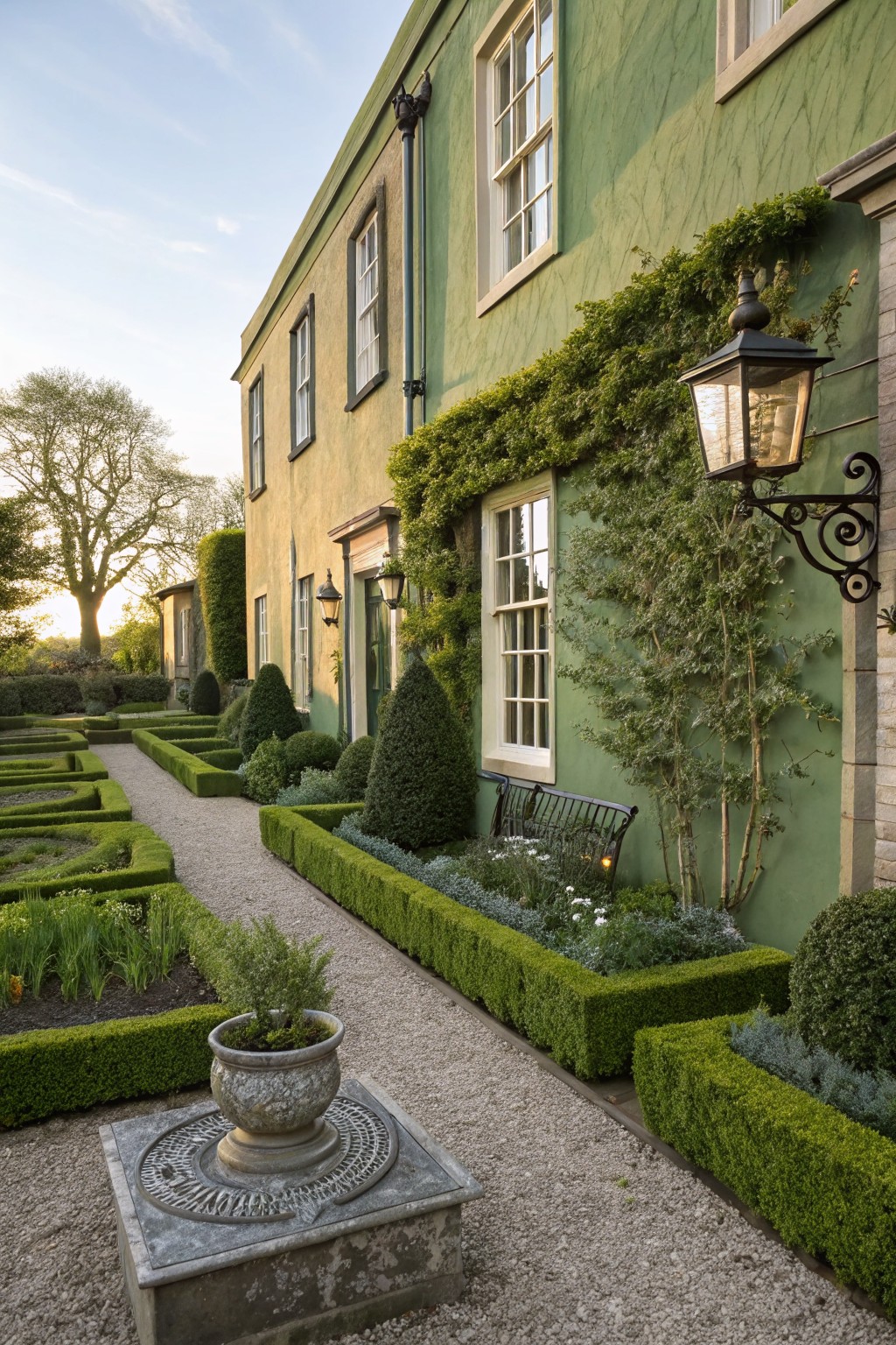 Green-painted house exterior with multiple windows, lanterns, climbing plants, and ivy, next to a formal garden of symmetrical boxwood hedges, gravel path, potted urn, bench, and flower beds.