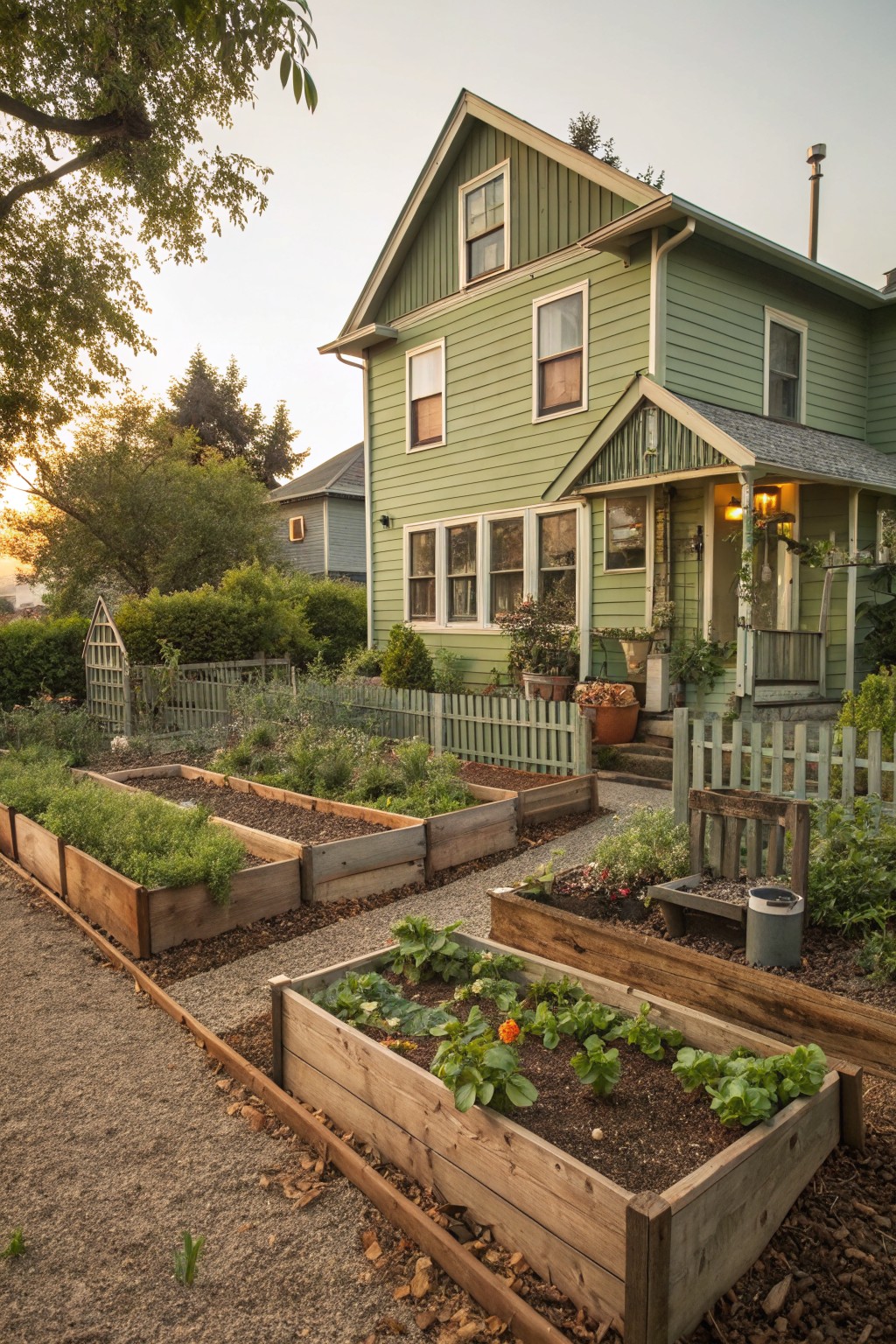 Green clapboard house with gabled roof and porch, front yard featuring multiple wooden raised garden beds planted with vegetables and herbs, gravel path, picket fence, and potted plants.