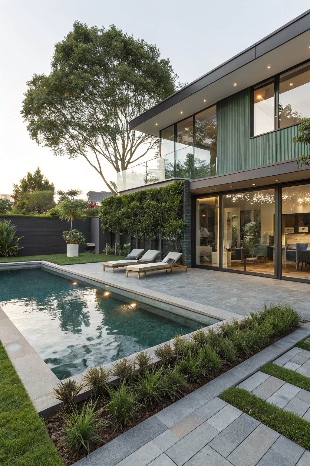 Modern house with green vertical siding and large glass sliding doors open to a turquoise infinity-edge pool, two beige lounge chairs on gray stone decking, surrounded by grass strips, plants, and trees.