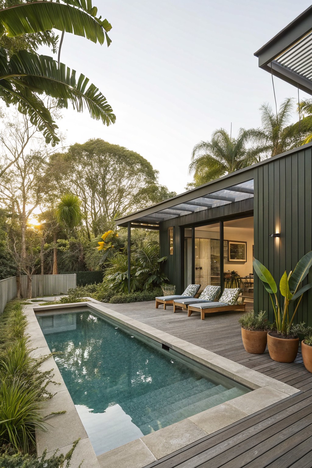 Dark green timber-clad house with sliding glass doors and a covered timber deck featuring lounge chairs overlooks a long narrow turquoise pool edged by grasses and tropical plants, with potted plants nearby and lush trees in the background.