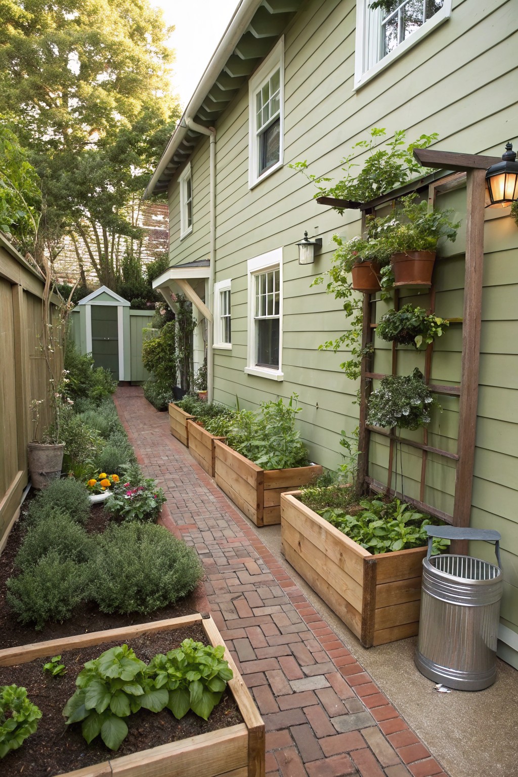 Narrow side yard with wooden raised garden beds lining a brick path next to a pale green house, vertical wooden trellis with potted plants on the wall, small green shed, fence, and various herbs and vegetables growing.