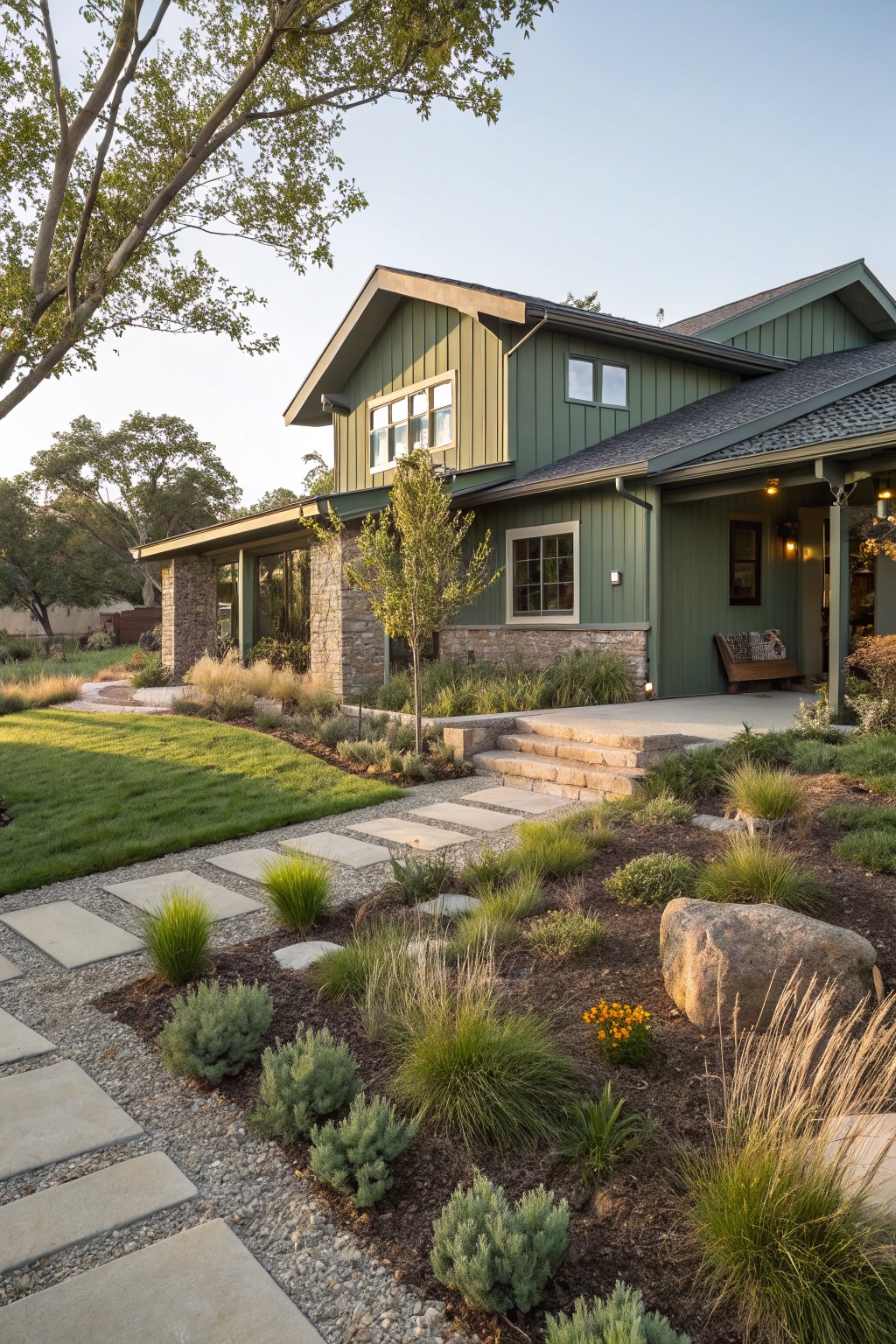 Green vertical board-and-batten house with gabled roof, stone pillars, and covered porch, fronted by concrete stepping stone path through gravel garden with ornamental grasses, shrubs, succulents, and boulders leading to stone entry steps.