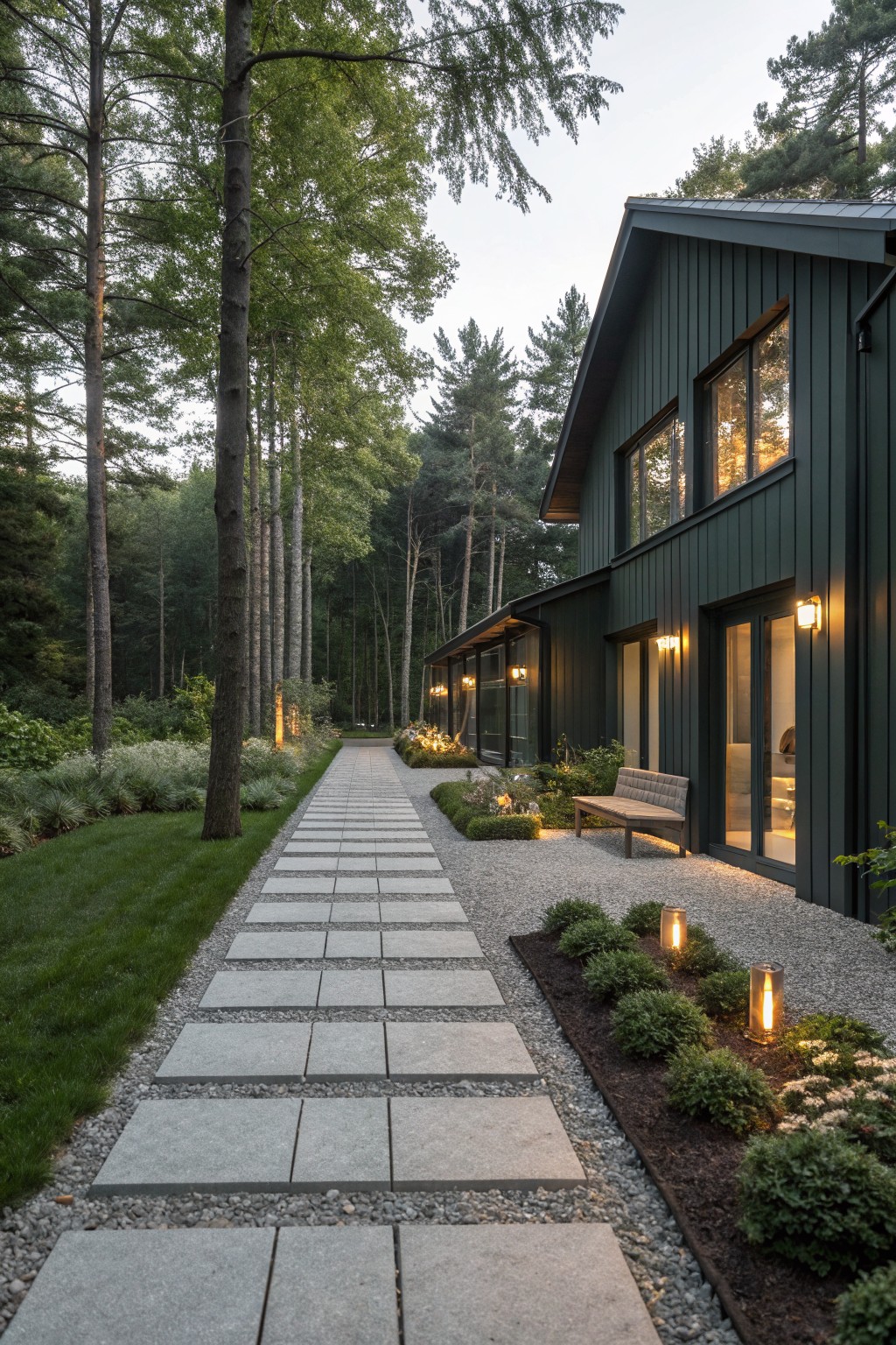 Dark green vertical board-and-batten house with large windows and sliding doors next to a forest, shown with a straight pathway of large rectangular gray pavers set in light gravel, bordered by grass lawn and low shrubs, plus low outdoor lights and a wooden bench near the entry.