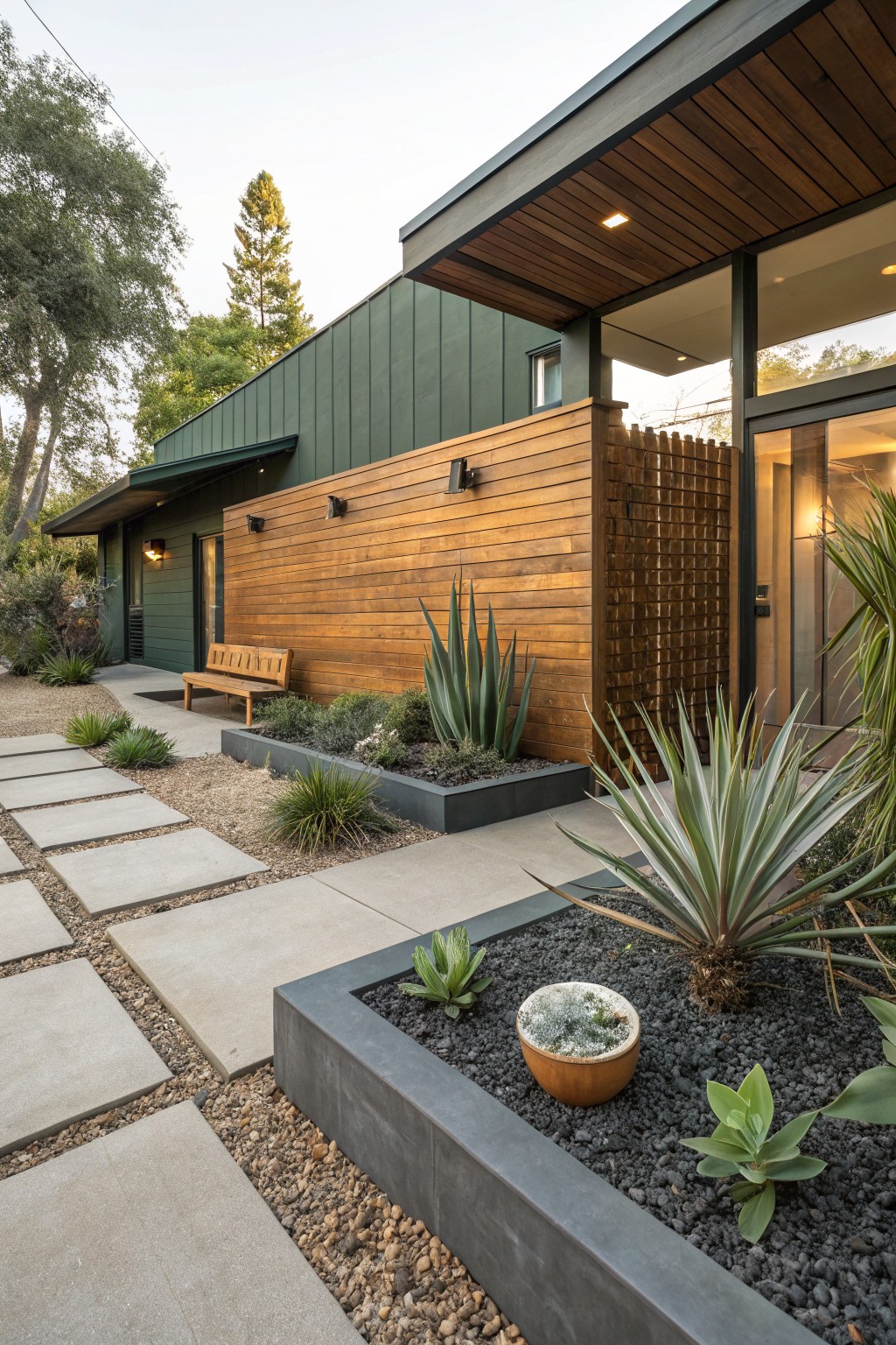 Side exterior of a green-sided modern house with wooden screen wall and bench, concrete stepping stone path through gravel area flanked by black raised beds containing succulents and agaves.