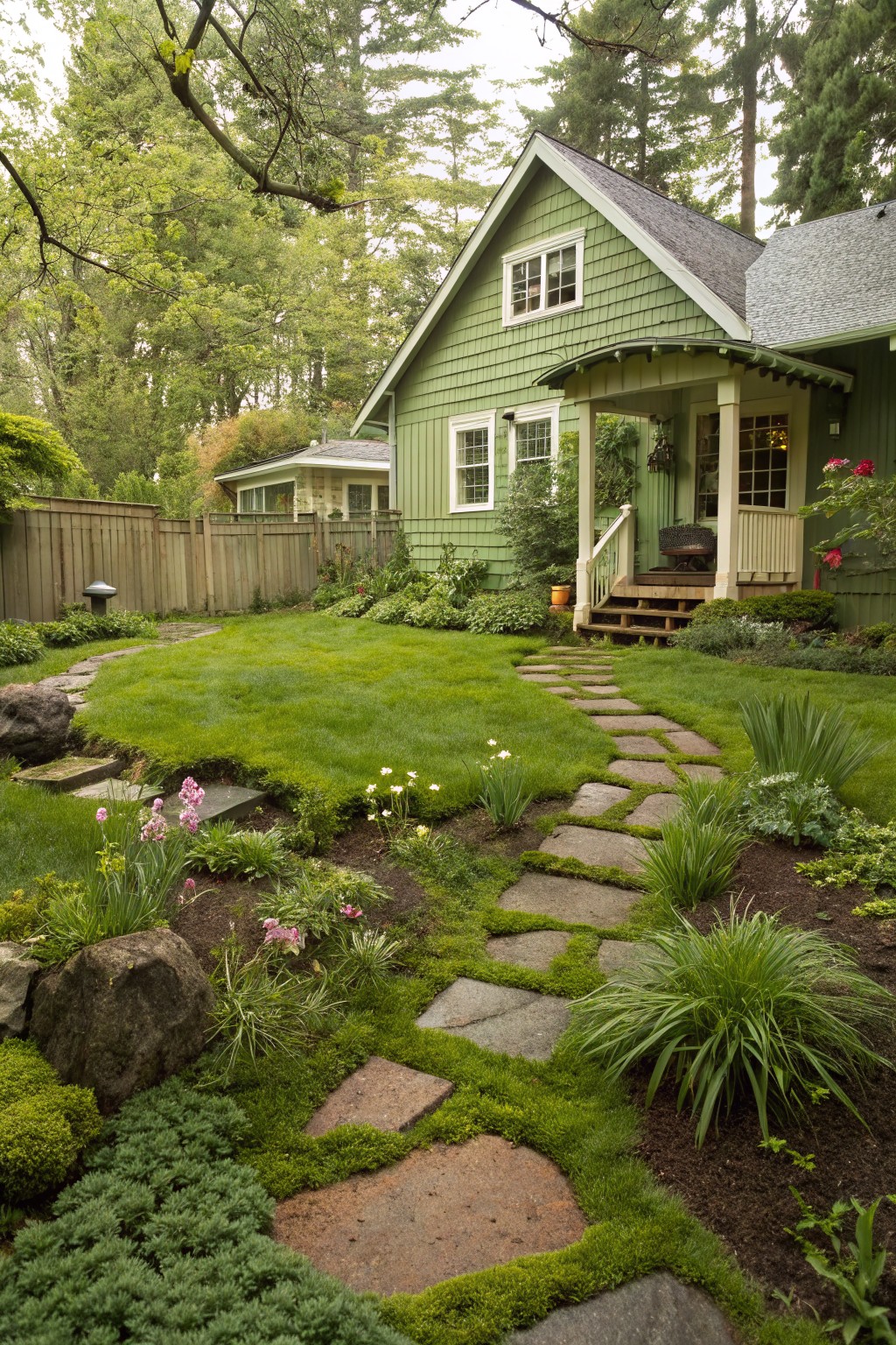 Green shingled house with white-trimmed porch and windows, fronted by a lawn with a curving path of irregular gray stone steps through garden beds containing moss, grasses, flowers, and rocks.
