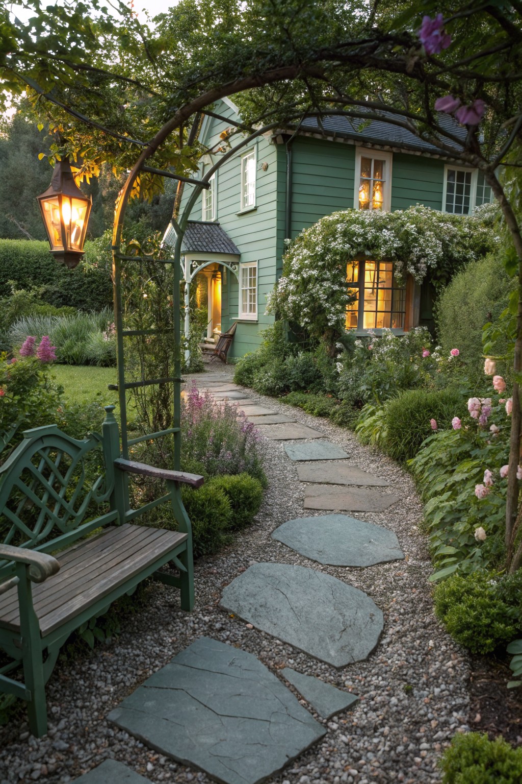 Green clapboard house with white-trimmed windows approached by a curving flagstone path through garden beds of pink flowers, shrubs, and a green bench under an arched trellis with a lantern.