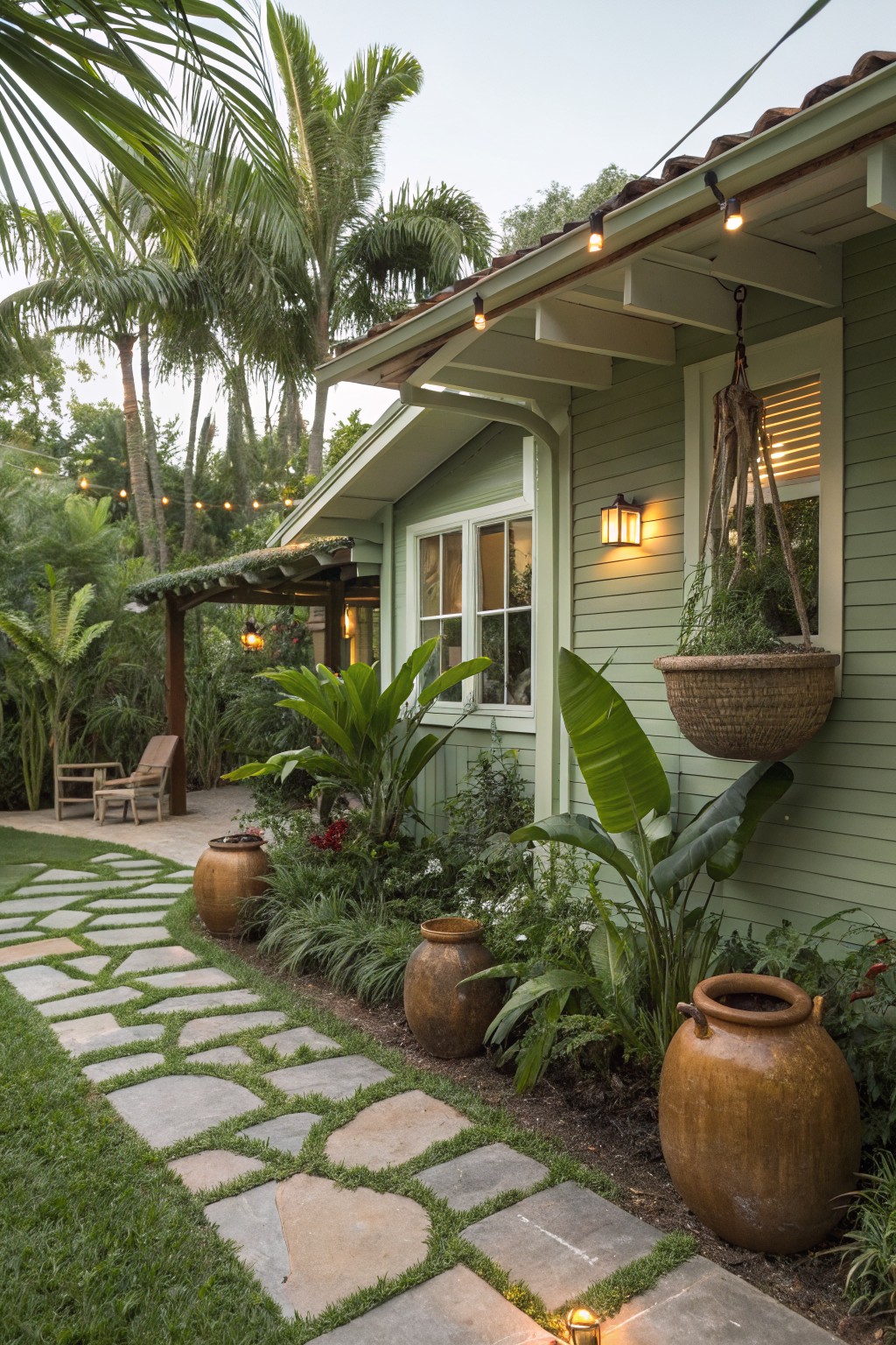 Pale green house exterior surrounded by tropical plants and palms, with a winding irregular stone path through the grass lined by large terracotta pots.