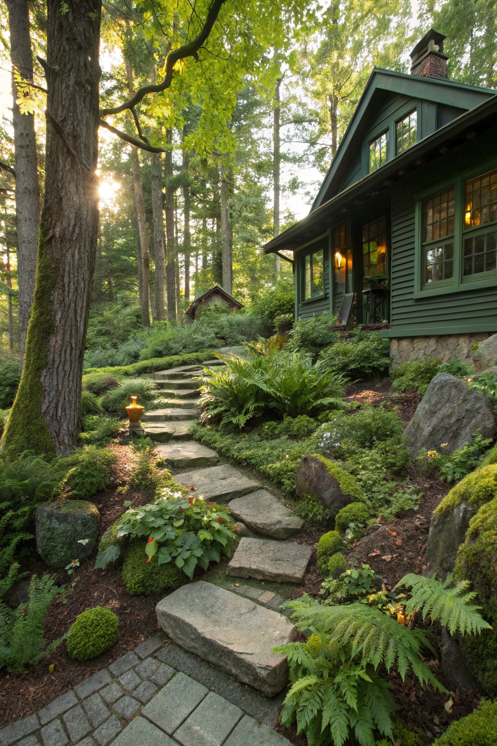 Dark green shingled house above irregular stone steps winding up a mossy hillside garden filled with ferns, boulders, trees, and ground cover plants.