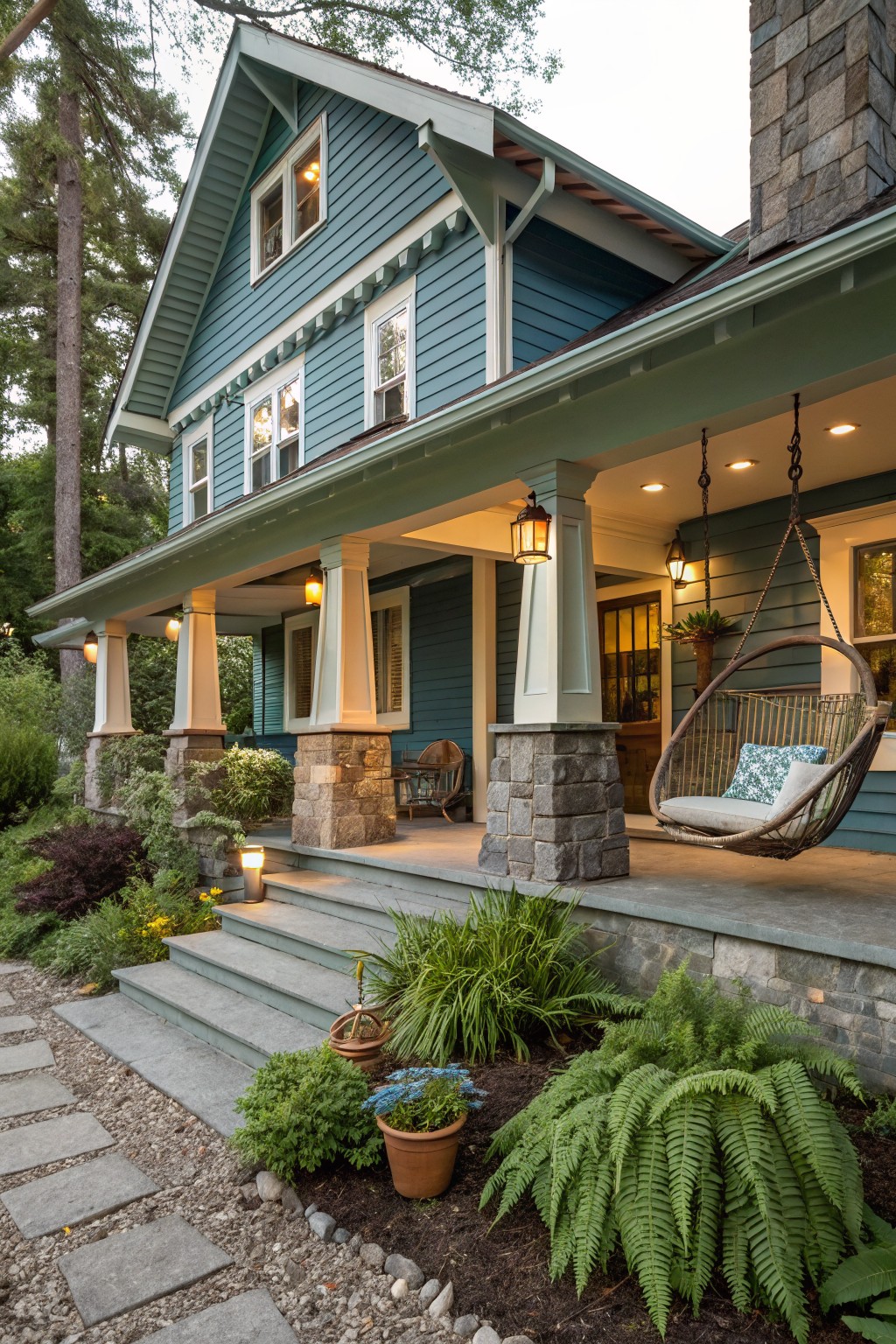 Blue clapboard Craftsman-style house with gabled green-shingled porch roof, stone pillar bases, hanging egg chair swing, lanterns, steps, and garden plantings along a stone path.