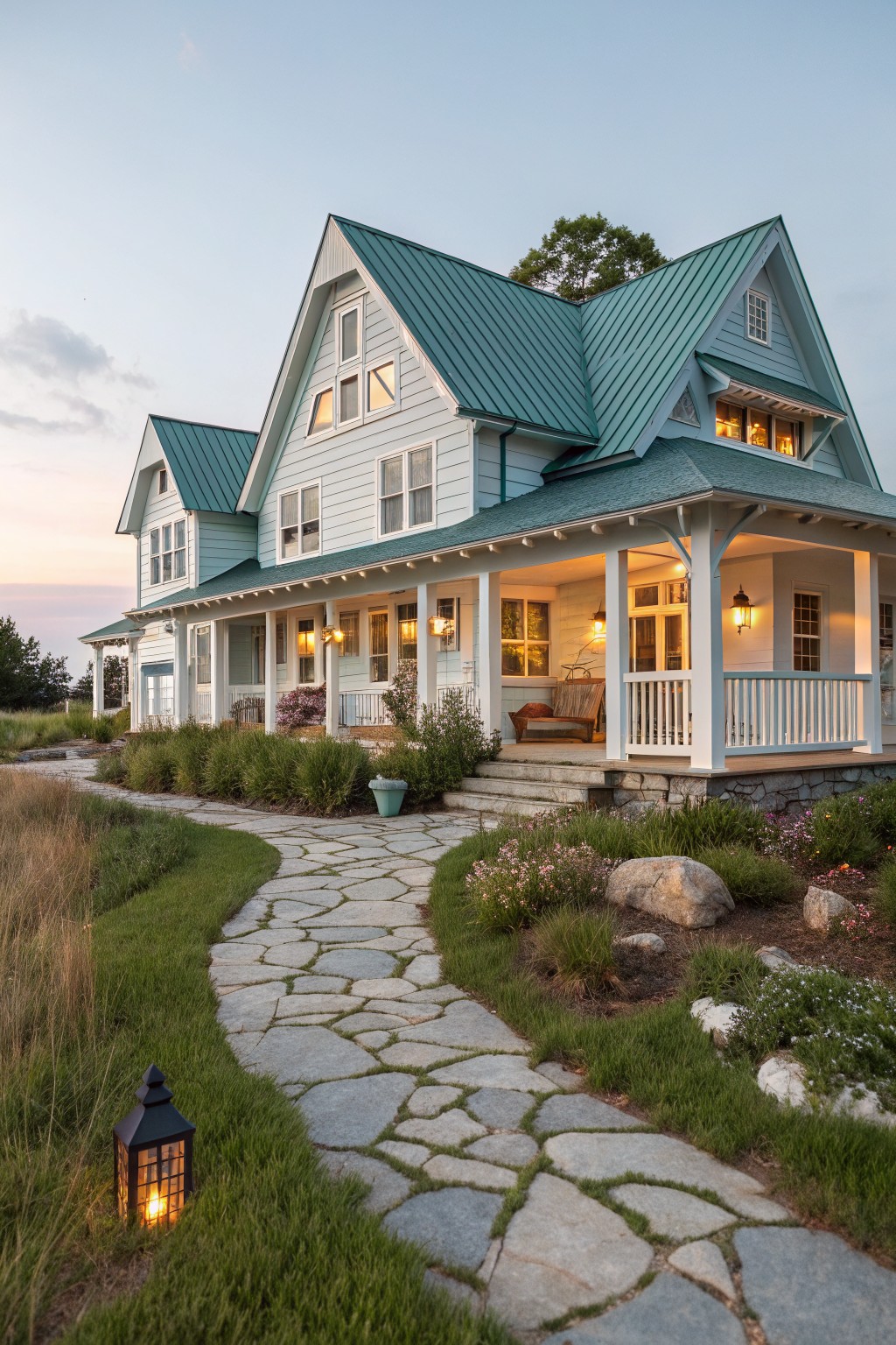 Two-story light blue clapboard house with green metal gable roofs, wraparound porch with lanterns, and curved stone pathway through grassy landscaping at dusk.