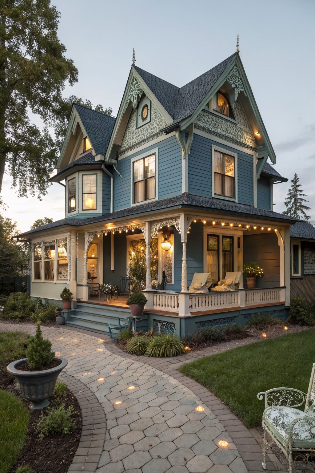 A two-story Victorian house painted light blue with dark green shingled roof, ornate trim details, wraparound porch with string lights and furniture, stone pathway, potted plants, and surrounding landscaping at dusk.