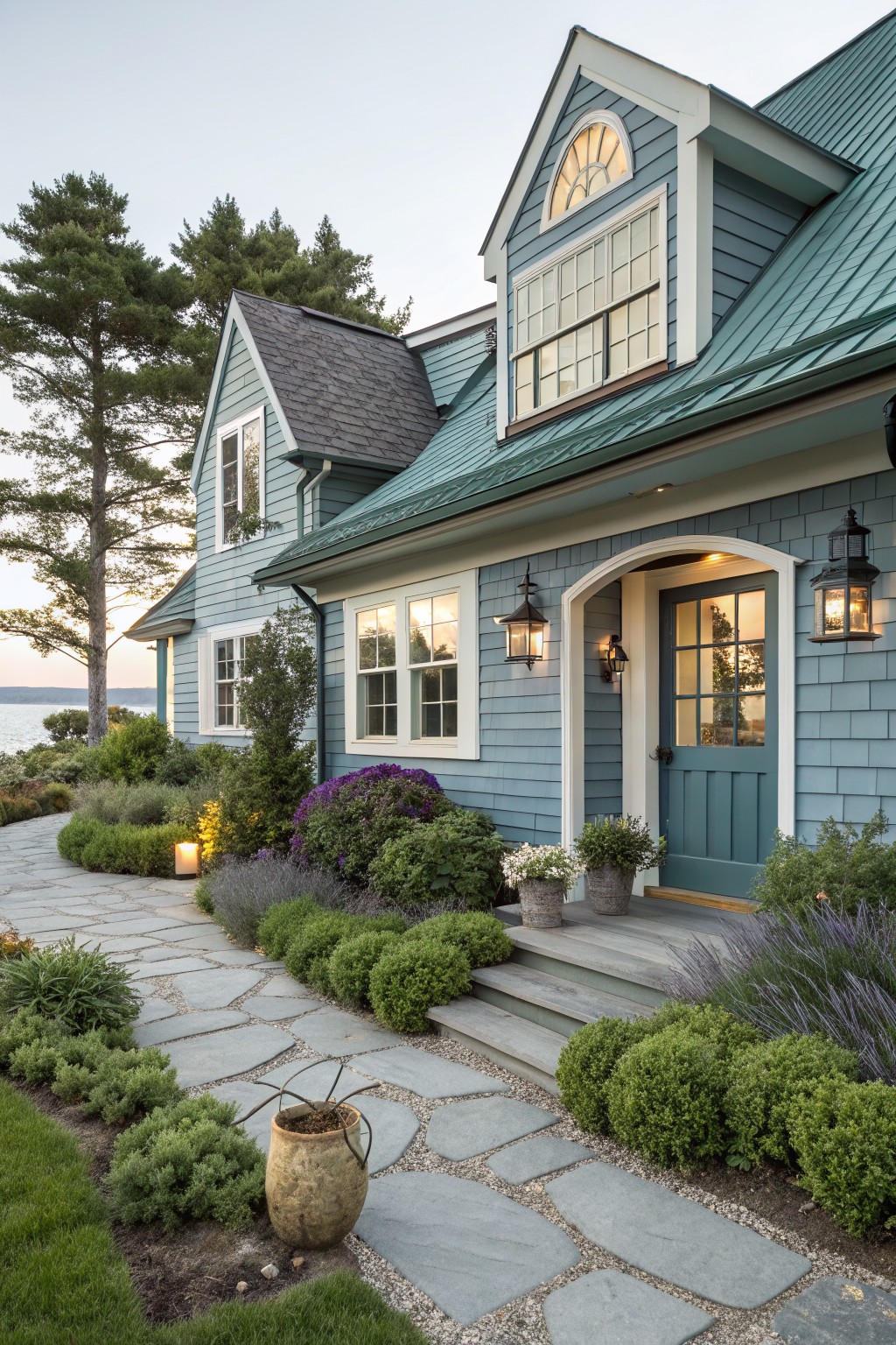 Two-story blue clapboard house with teal green metal roof, arched white portico entry with navy blue door and black lanterns, stone pathway through landscaped shrubs and perennials, tall pines and lake in background at dusk.