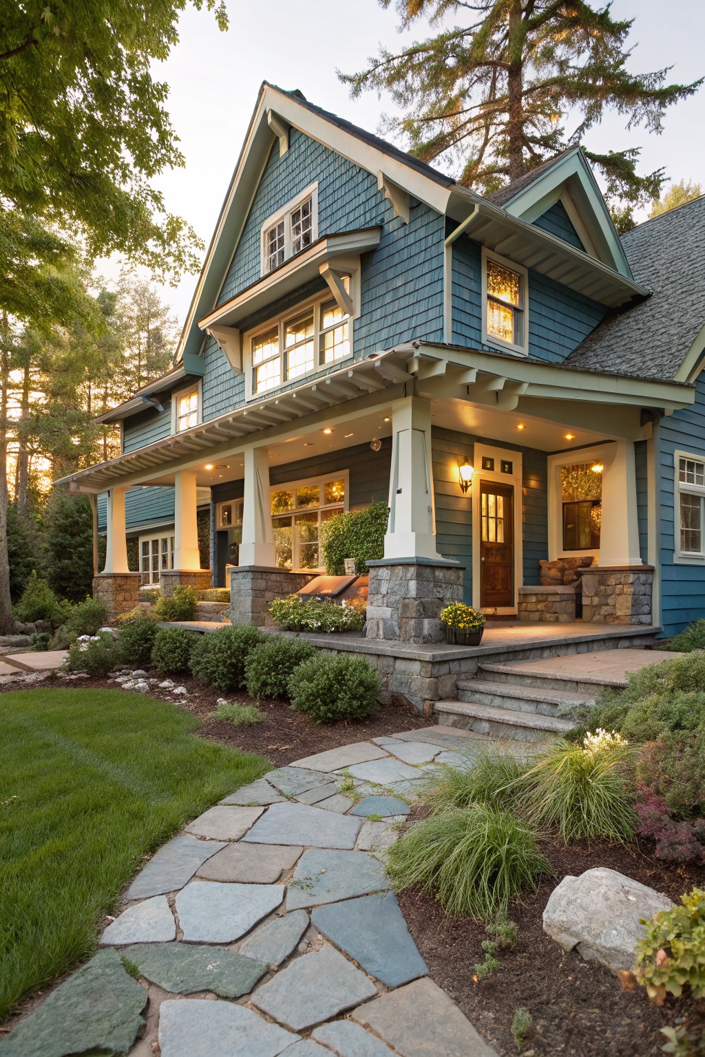 Blue shingle-sided two-story house with wide covered front porch supported by stone-based columns, wooden entry door, and flagstone pathway through front yard landscaping at sunset.