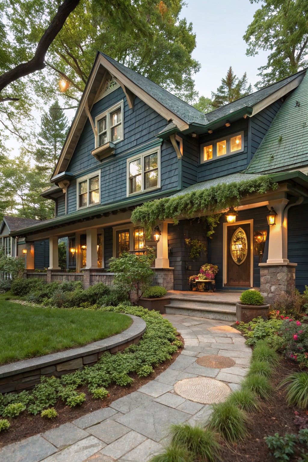 Two-story Craftsman-style house with dark blue clapboard siding, green shingled roof, covered porch with hanging plants and lanterns, stone pillars, and curved stone pathway through landscaped front yard.