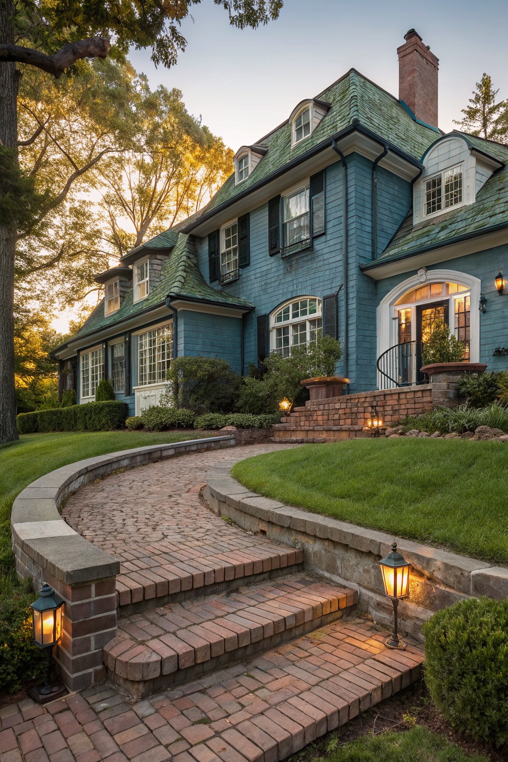 Two-story blue clapboard house with green shingled roof, curved brick pathway and steps leading to arched front entry with lanterns, surrounded by trees, shrubs, and lawn at dusk.