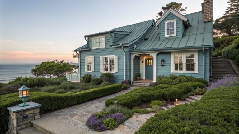 Two-story blue clapboard house with teal green metal roof, arched white portico entry with navy blue door and black lanterns, stone pathway through landscaped shrubs and perennials, tall pines and lake in background at dusk.