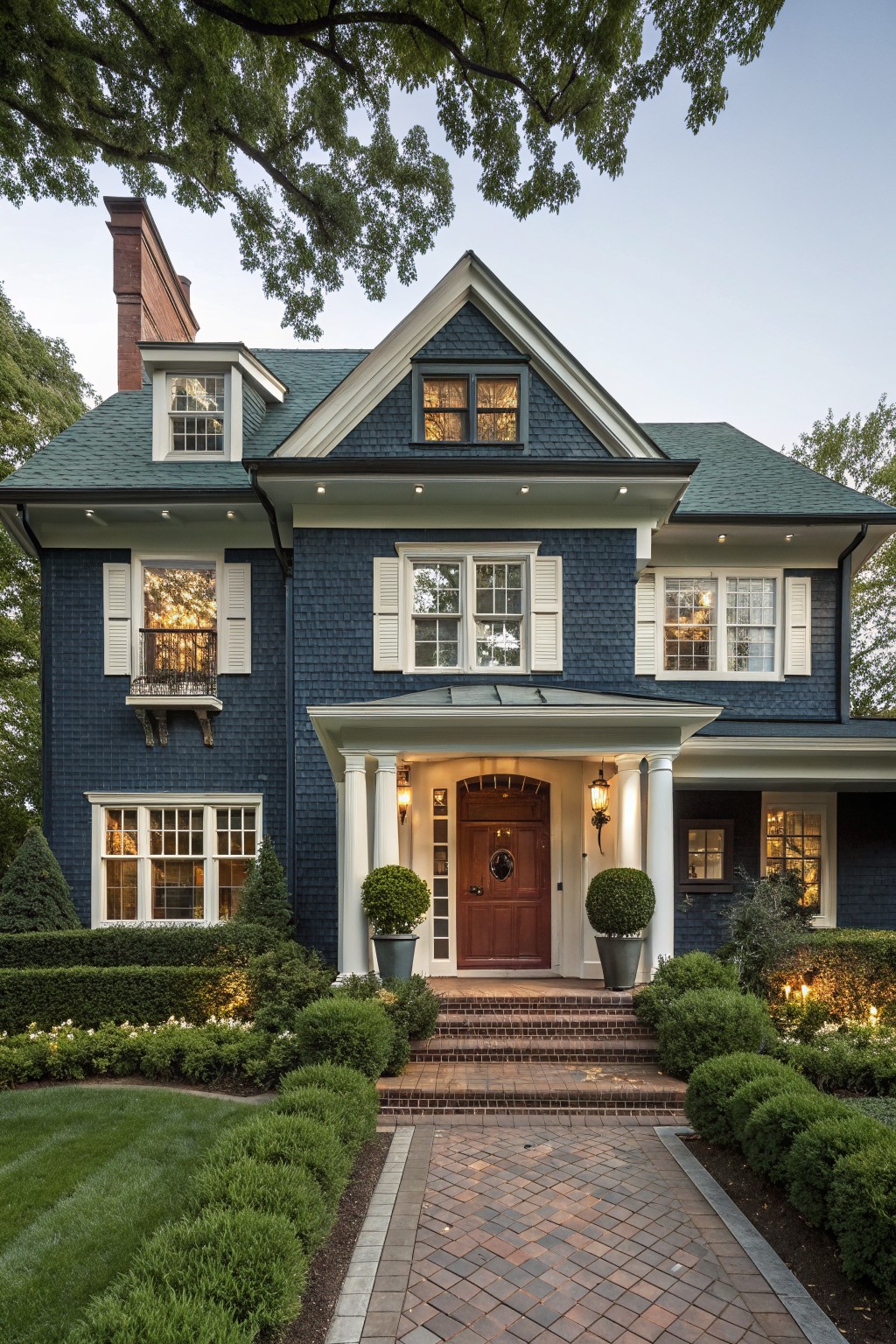 A two-story navy blue shingle house with green roof, white trim and shutters, dormer window, columned front porch with red door and lanterns, brick steps, boxwood shrubs, flower beds, and lawn.