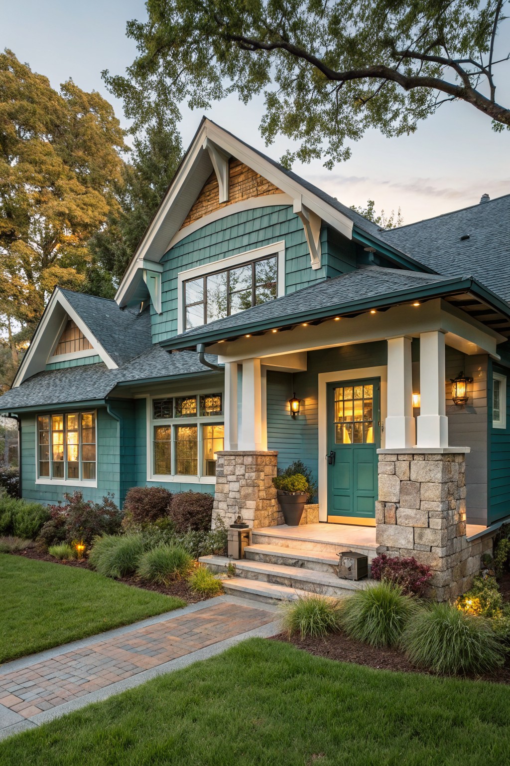 Teal shingle Craftsman house with gabled roof, covered front porch supported by white columns on stone pillar bases, green paneled front door with lanterns, stone steps, brick pathway, and surrounding landscaping with trees and shrubs.