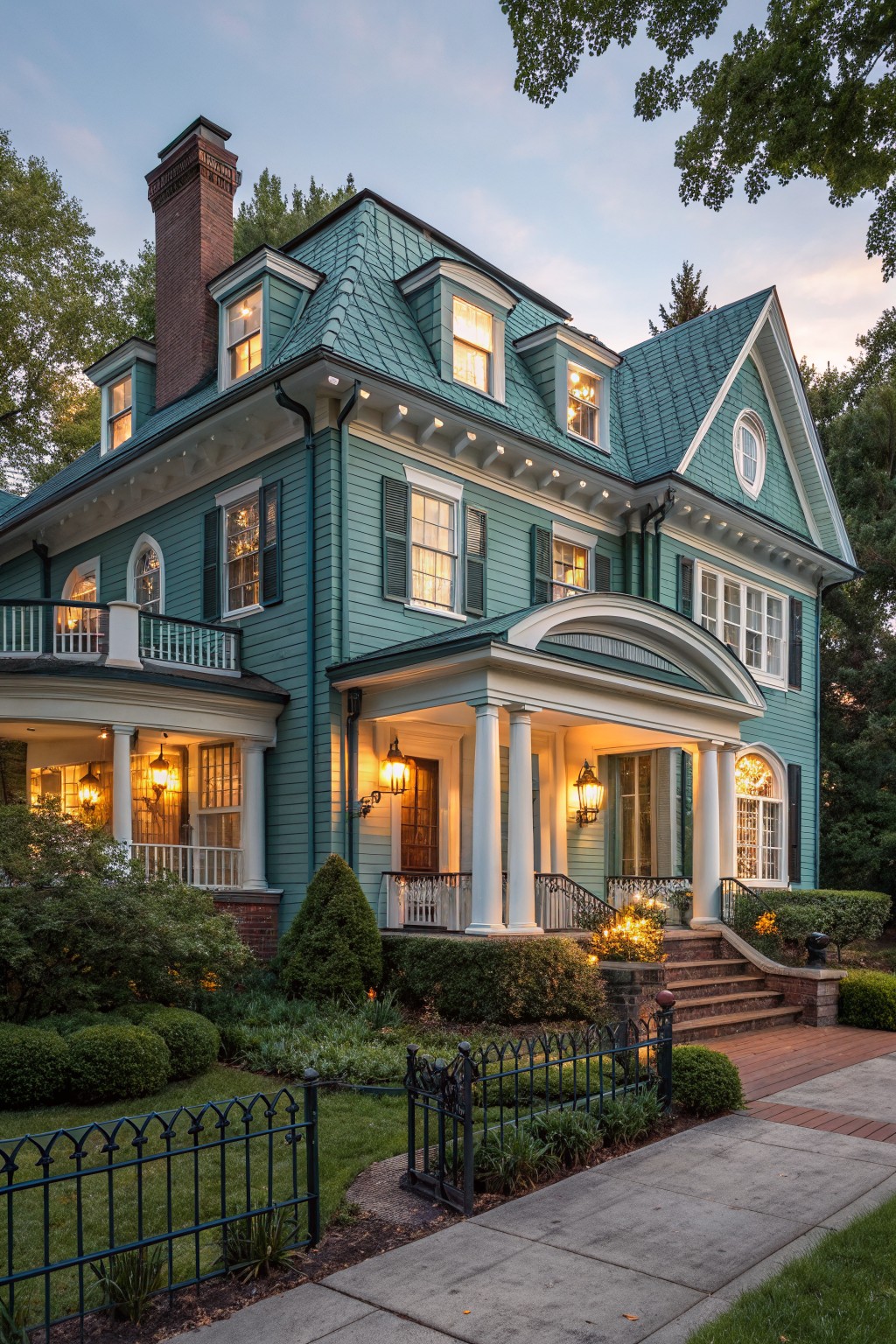 Turquoise clapboard house with green shingle roof, white trim, wraparound porch with columns, brick steps, iron fence, shrubs, and lit lanterns at dusk.