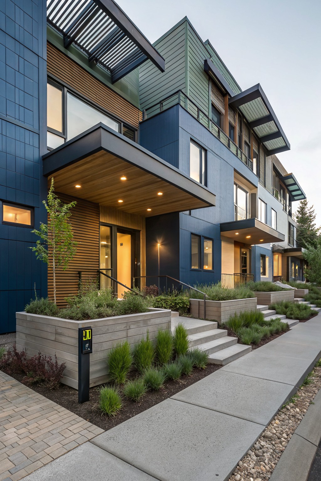 Row of three modern townhouses with navy blue paneled siding, light wood cladding on entries and upper sections, cantilevered canopies, low shrubs in planters, and concrete steps along a sidewalk.