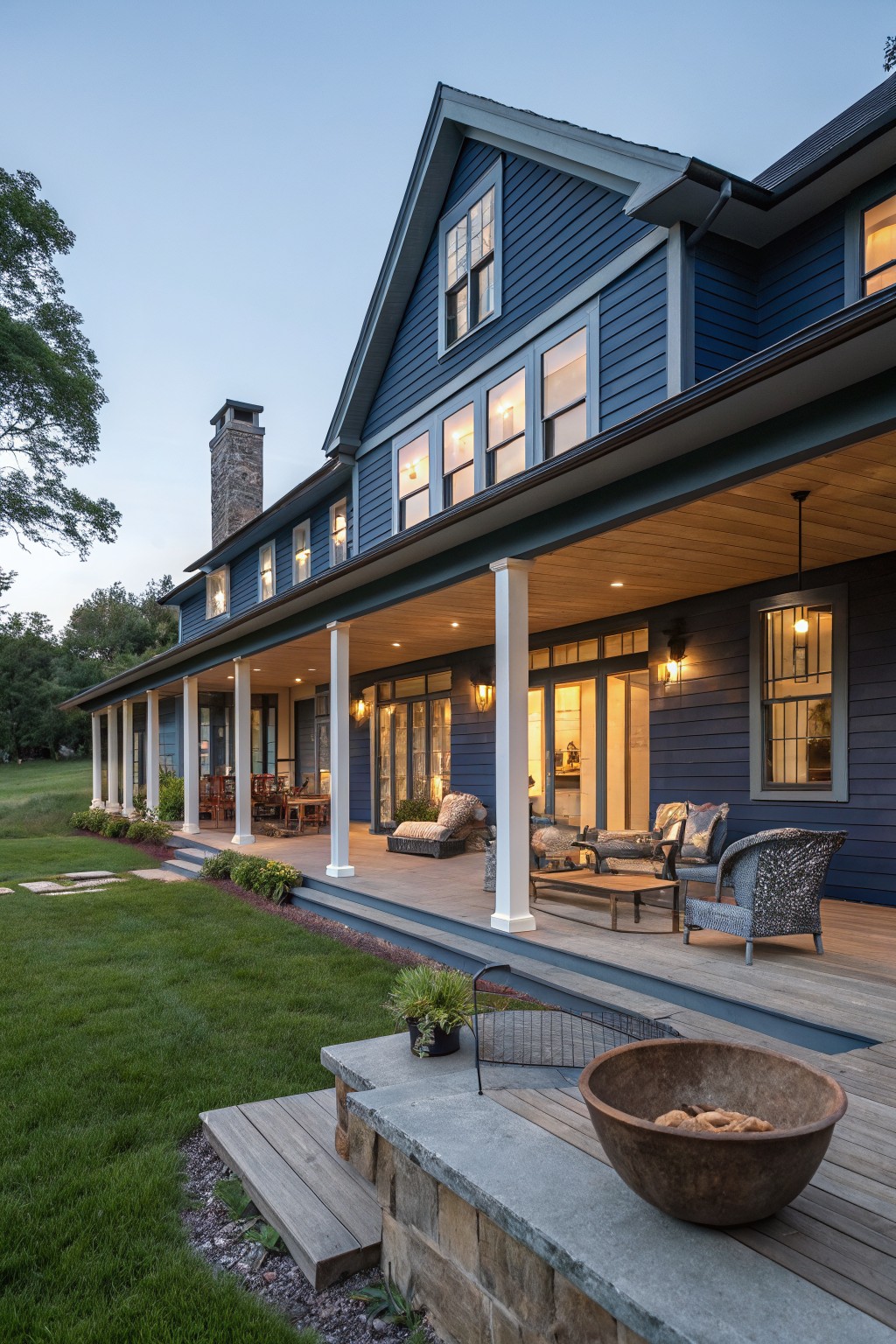 Blue clapboard house exterior with wraparound porch supported by white columns, wooden deck, stone steps, potted plants, and lawn at dusk.