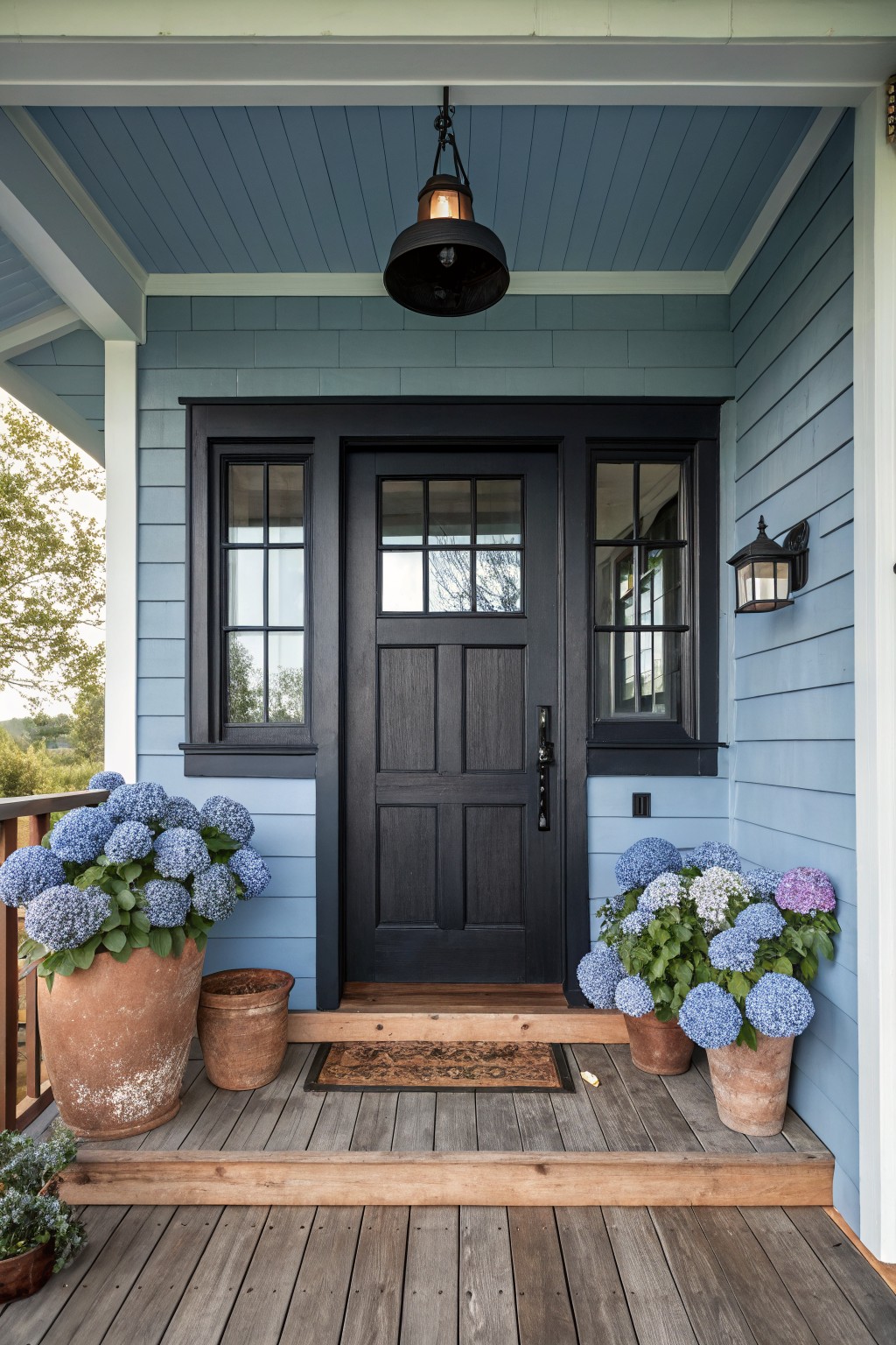 Blue shingle siding house with black paneled front door and matching sidelights, large blue hydrangea plants in terracotta pots on wooden porch steps under a blue ceiling.