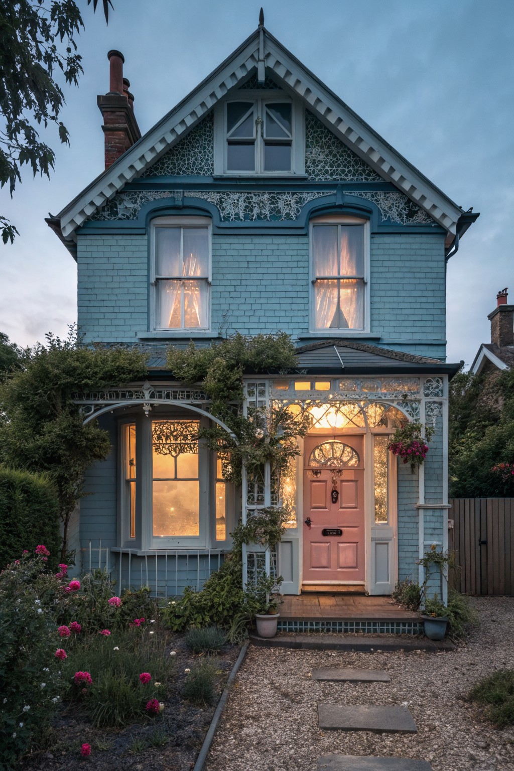 Blue brick house with pink front door under a white ornate porch, glowing windows, climbing vines, rose bushes, and gravel path at dusk.