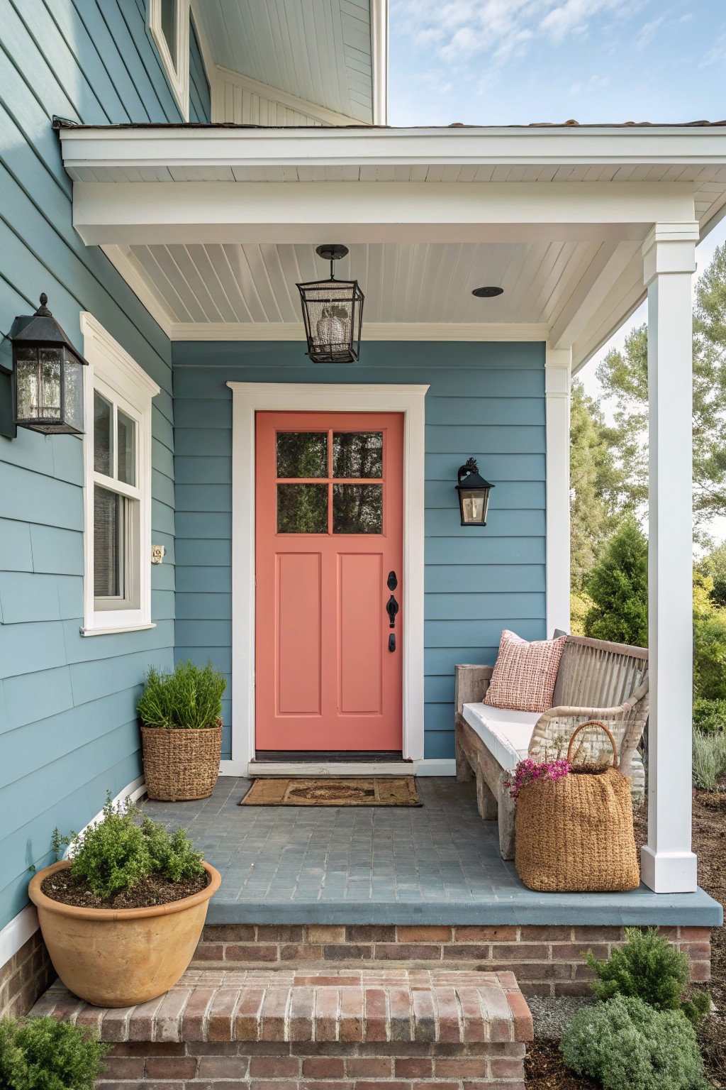 Light blue clapboard house exterior featuring a coral orange front door with glass panels, flanked by black lanterns, a wooden bench on the white porch, potted plants, and brick steps.
