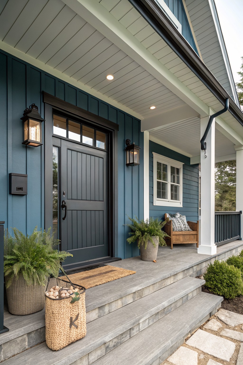 Front porch of a deep blue house with board-and-batten siding, featuring a dark gray paneled door flanked by black lanterns, potted ferns, a woven basket, doormat, wooden bench, and stone steps.