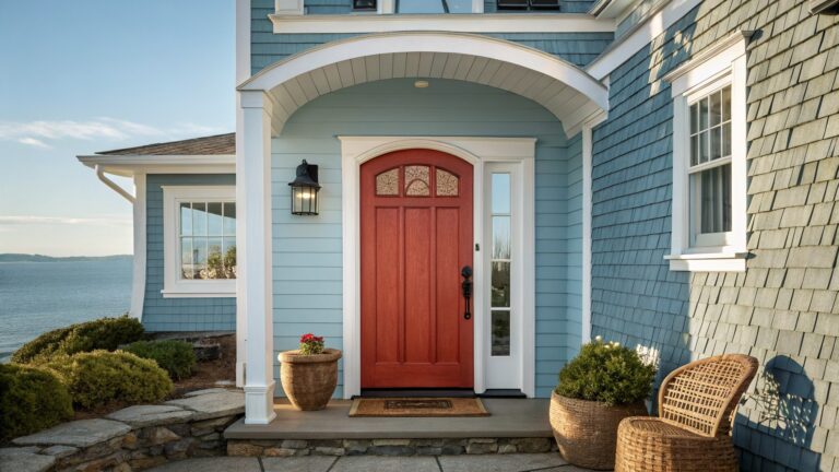 Front entrance of a blue shingle-style house with a red paneled wood door, glass sidelights, white trim, hanging lantern, and large potted grasses flanking the concrete stoop.