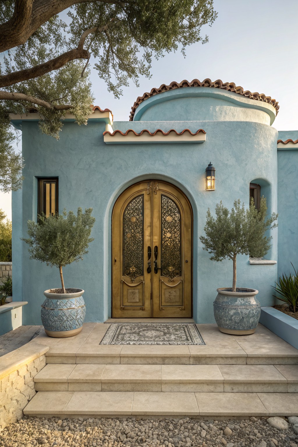 Blue stucco house exterior with arched ornate gold double doors, flanked by blue ceramic pots holding olive trees, wall lanterns, stone steps, and a patterned entry rug.