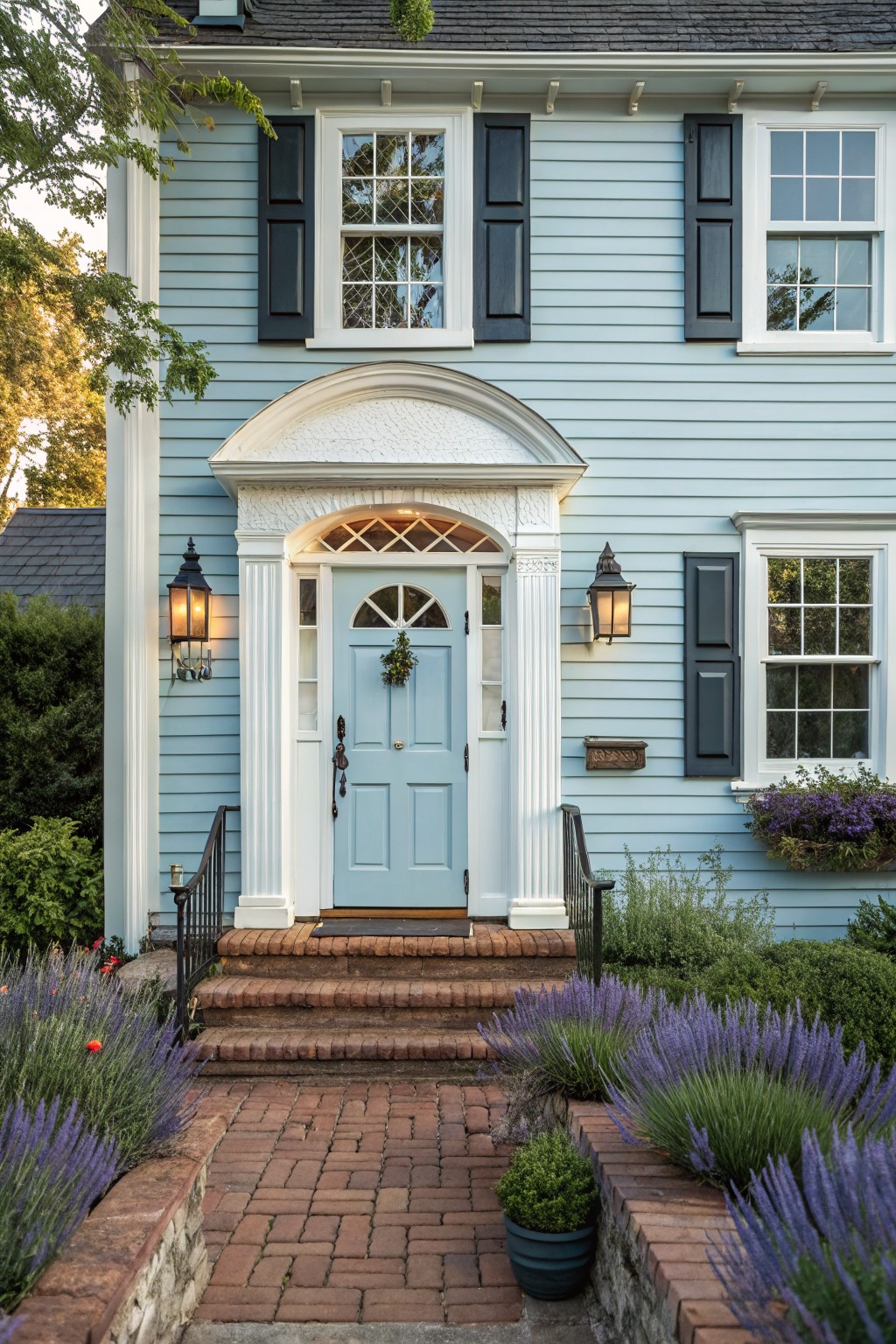 Front view of a light blue clapboard house with black shutters, a navy blue front door under a white arched portico flanked by lanterns, brick steps, and lavender plantings along a brick path.