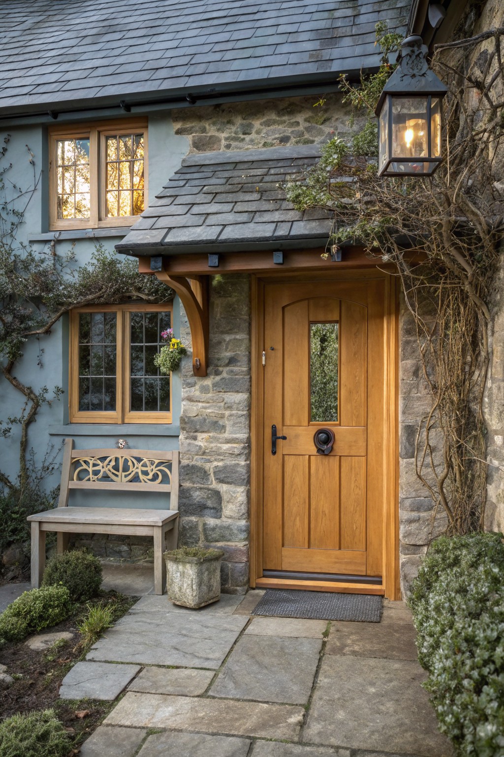 Blue painted stone cottage exterior featuring a light oak front door with arched glass panel and black hardware, wooden porch overhang, ivy on walls, wooden bench, potted plant, lantern light, and slate stone path.