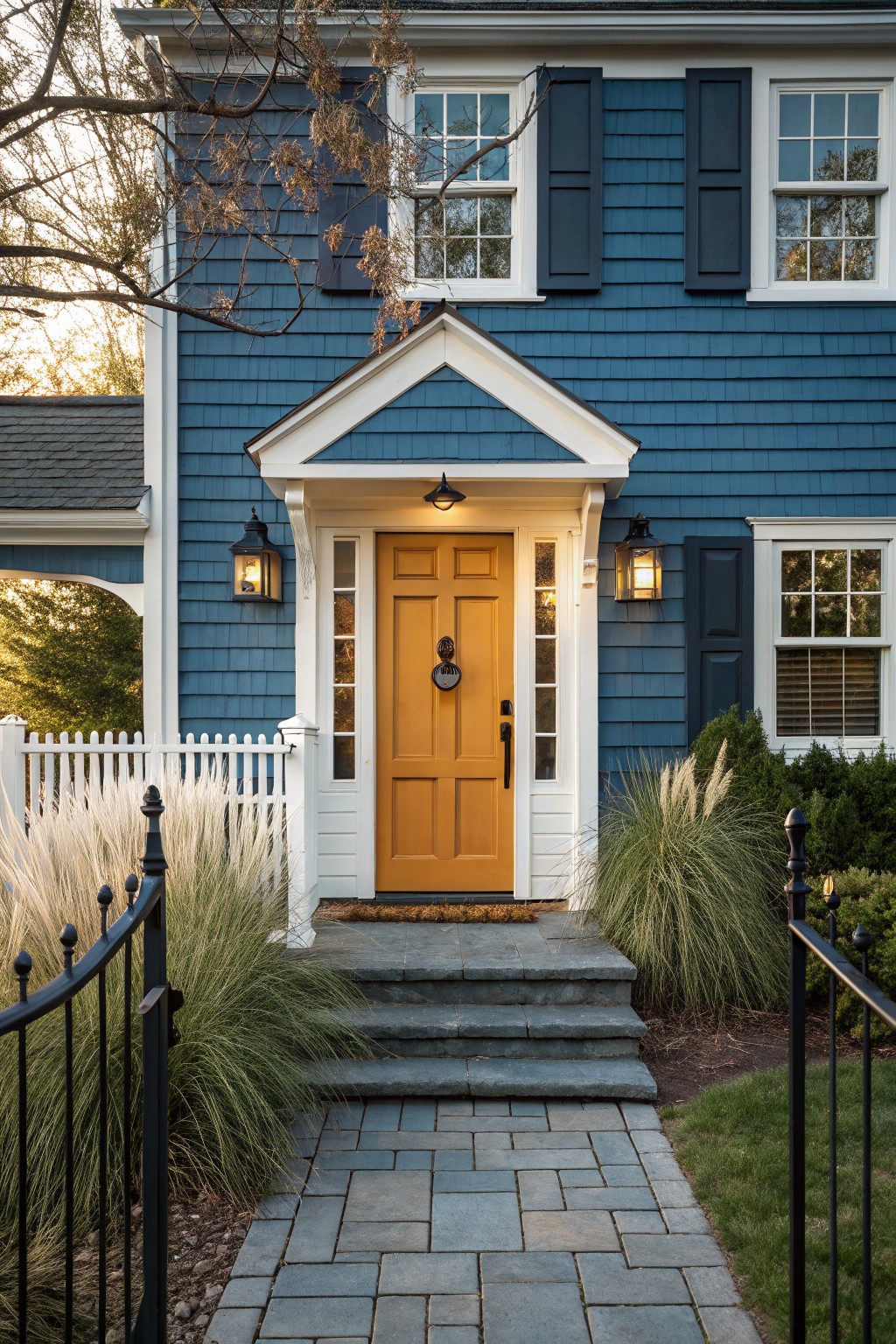 Navy blue shingle house exterior with yellow-orange front door, white trim and porch, black lanterns, stone steps, bluestone pathway, wrought iron gate, and pampas grass landscaping.