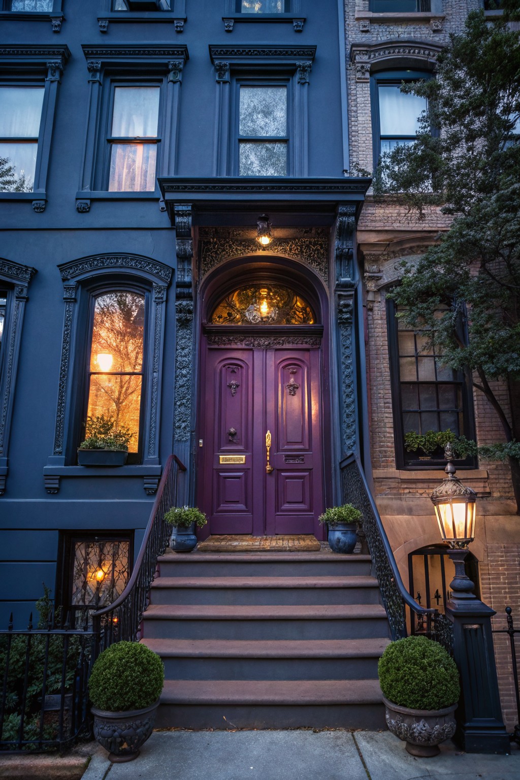 Navy blue townhouse facade with deep purple double front doors, stone steps lined with potted plants, lanterns, and wrought iron railing at dusk.