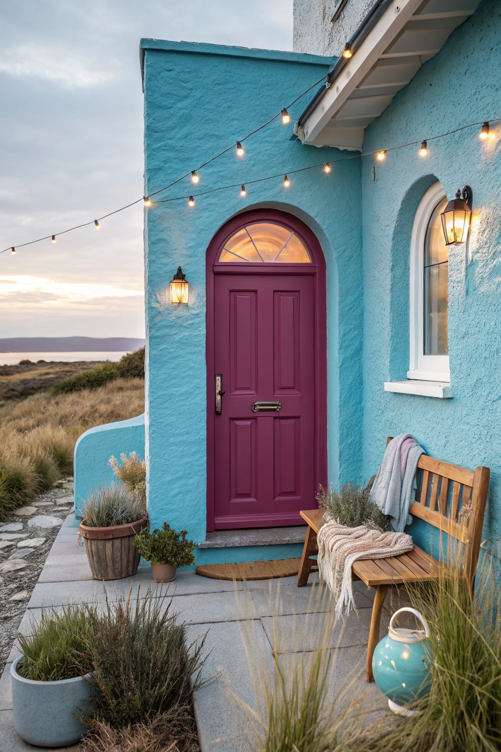 Turquoise stucco house corner featuring a magenta arched front door, wooden bench with blankets and pillows, potted plants, string lights overhead, lanterns, and grassy landscape with sea view at dusk.