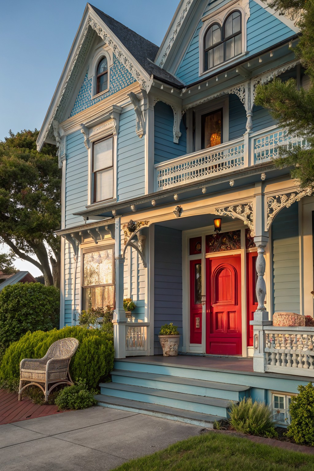 Blue Victorian house with ornate wood trim, red arched front door, porch, wicker chair, steps, potted plants, and landscaped yard in evening light.