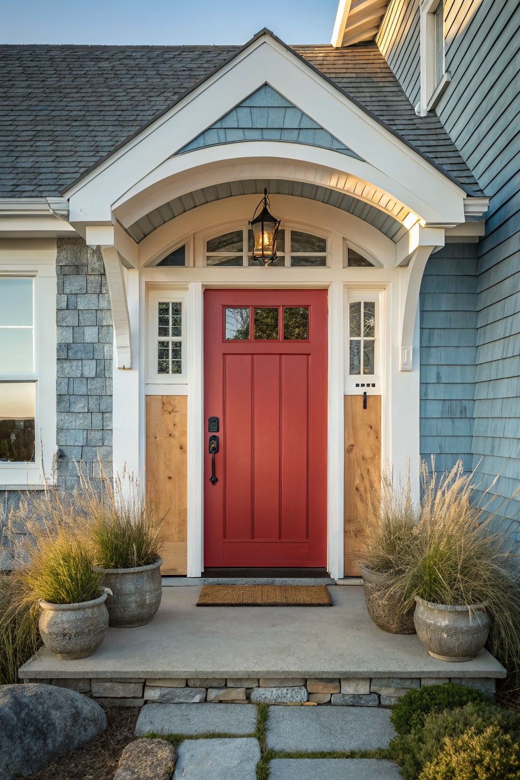 Front entrance of a blue shingle-style house with a red paneled wood door, glass sidelights, white trim, hanging lantern, and large potted grasses flanking the concrete stoop.