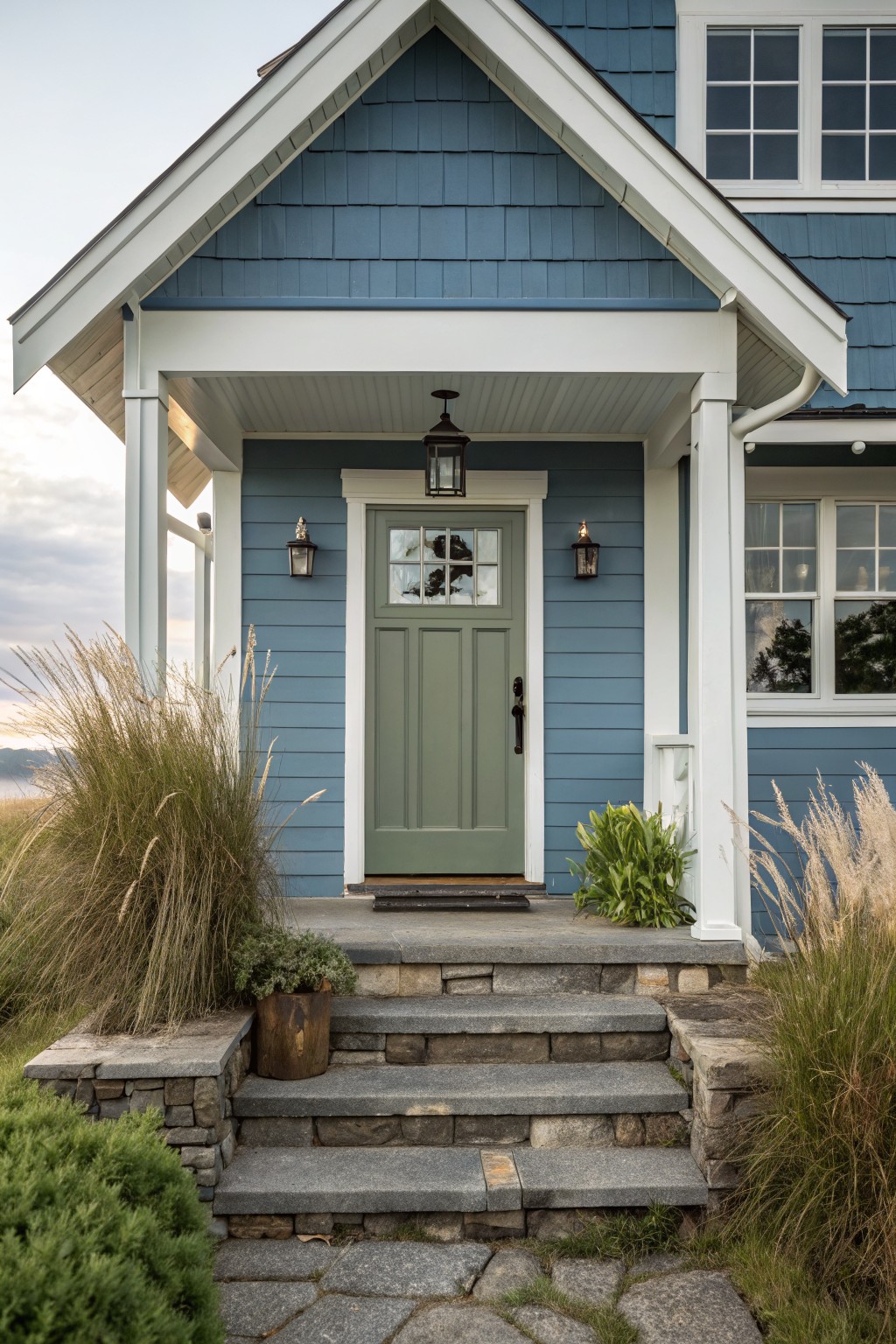 Front exterior of a blue shingled house featuring a sage green wooden door with glass panels under a white porch, flanked by lanterns, with stone steps, potted plants, and ornamental grasses.