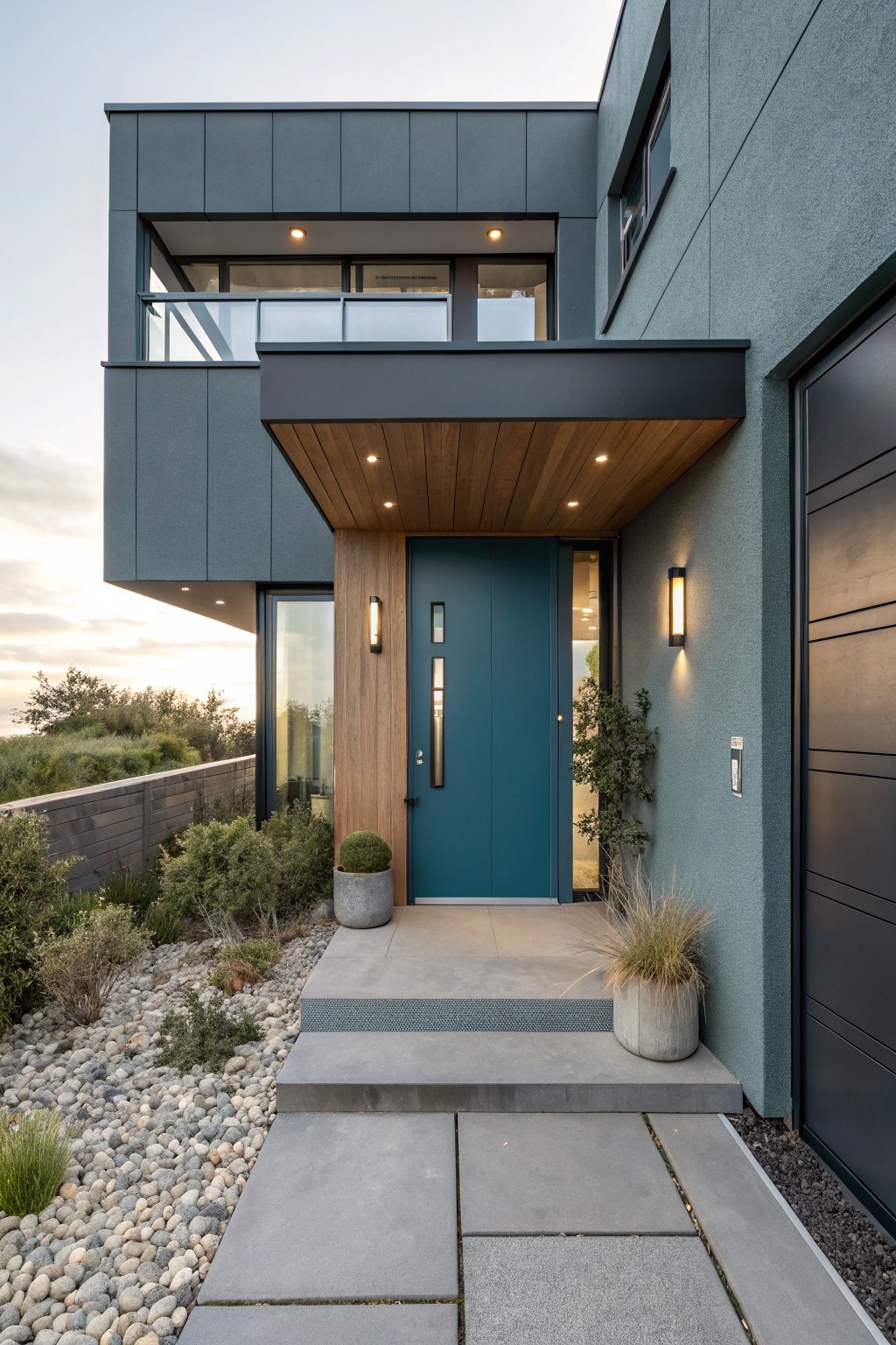 Modern house exterior featuring a teal pivot front door with wooden surround and portico, flanked by glass panels, blue-gray siding, concrete entry steps, gravel landscaping with grasses and pots, and a dark garage door.