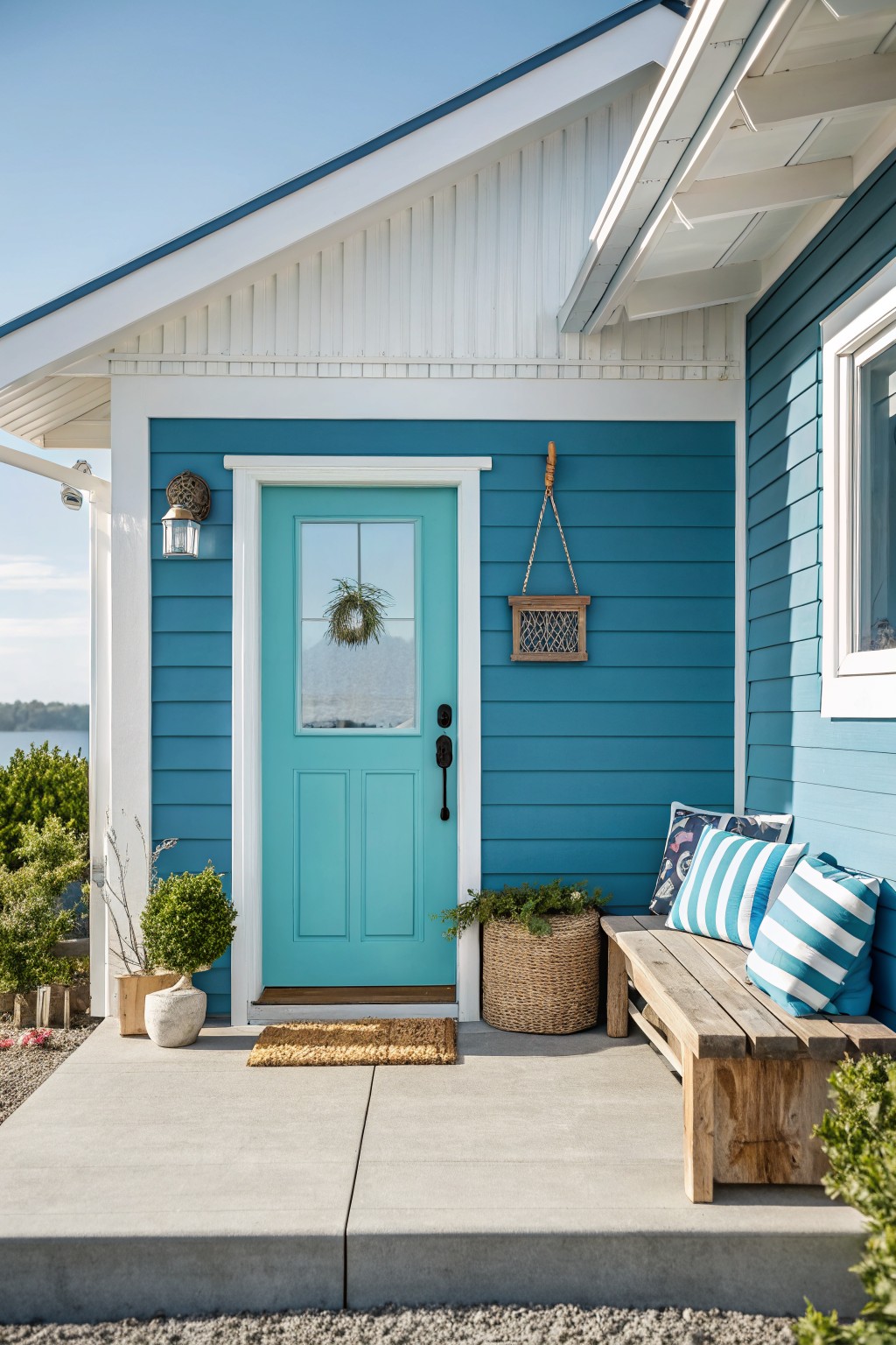 Blue clapboard house exterior with white trim, turquoise-glassed front door, porch light, wooden bench with blue pillows, potted plants, and wicker basket on concrete porch overlooking water and greenery.