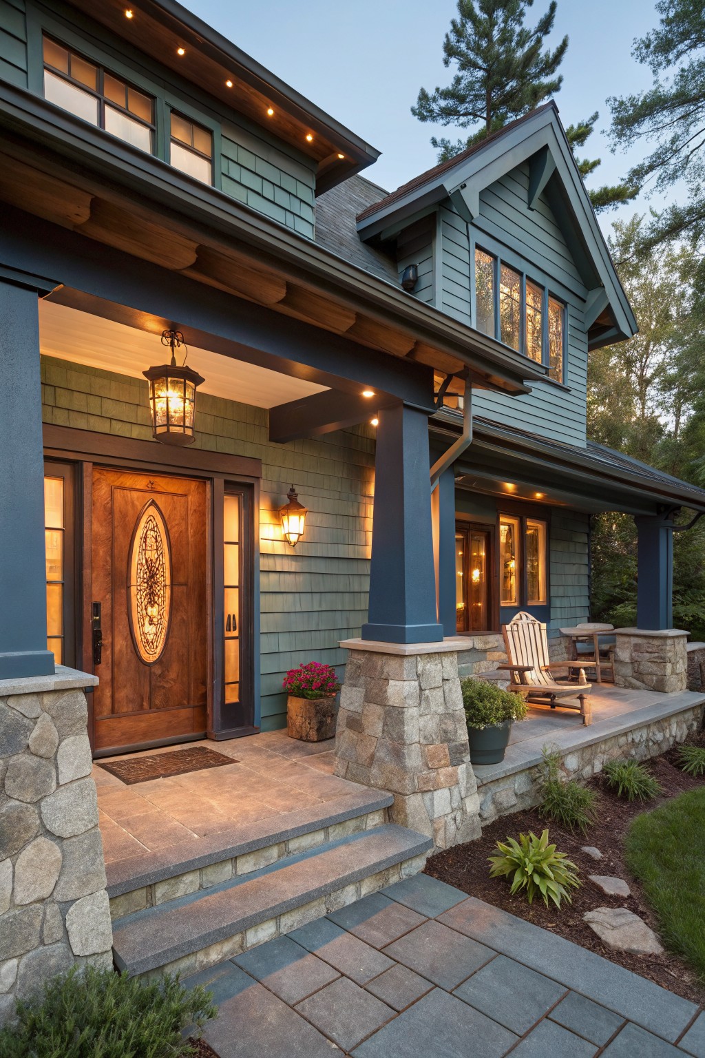 Front view of a two-story blue shingle house with cedar shakes, wooden double entry door with oval stained glass window, covered porch with rocking chairs, stone pillars, potted plants, and steps leading to a path at dusk.