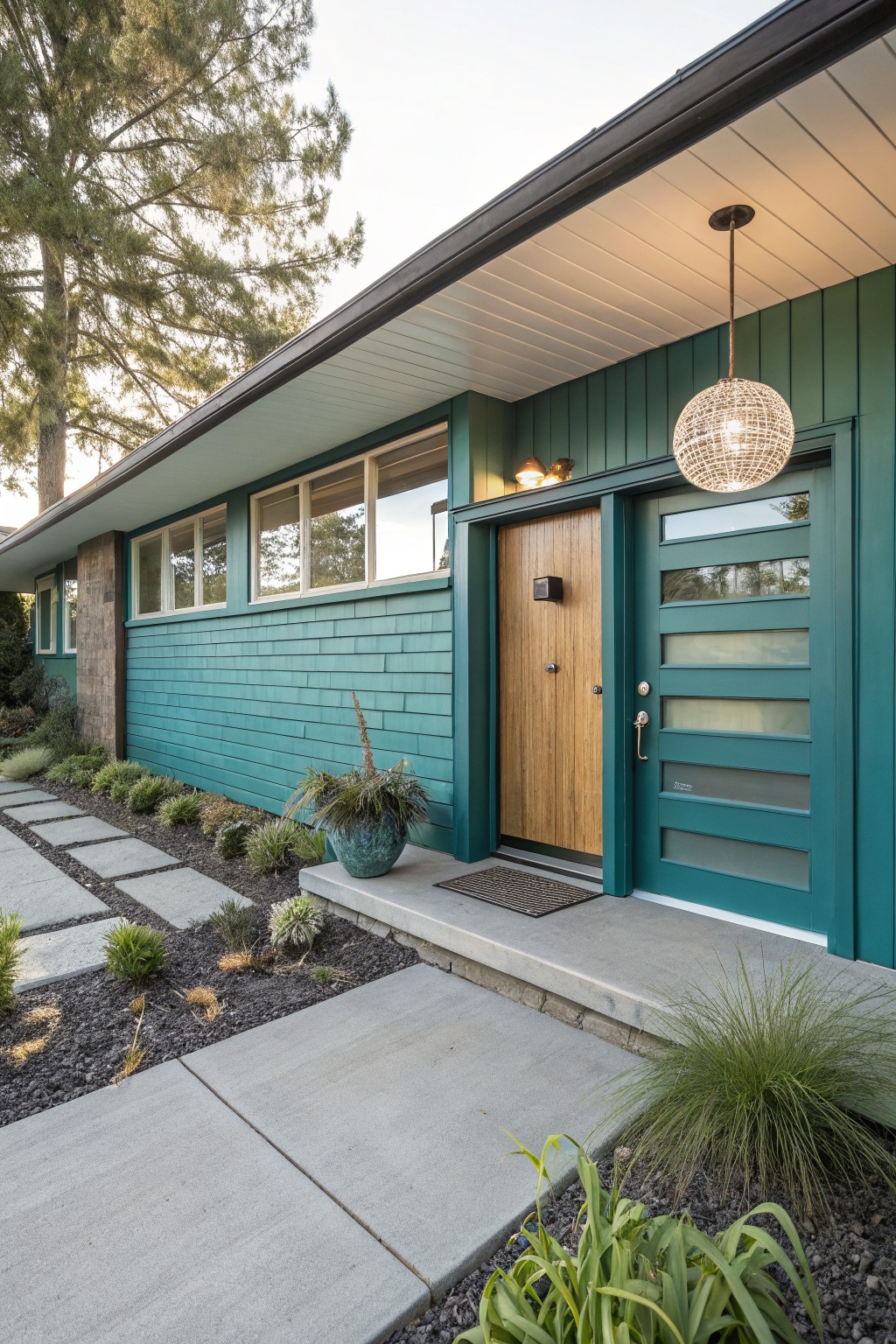 Teal green vertical board-and-batten house siding with a double wooden front door featuring frosted glass panels, flanked by wall lights and a large woven pendant fixture above a concrete entry path and low plantings.