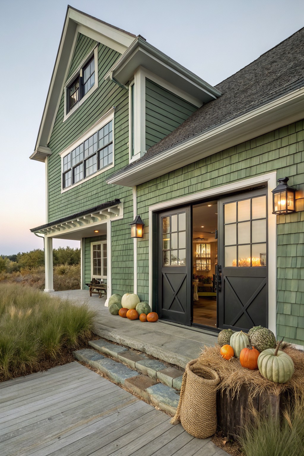Two-story green shingle house exterior with white trim and gable roof, showing open black paneled double doors on a covered porch, stone steps with clustered pumpkins and hay bales, lanterns, and tall grasses nearby at dusk.