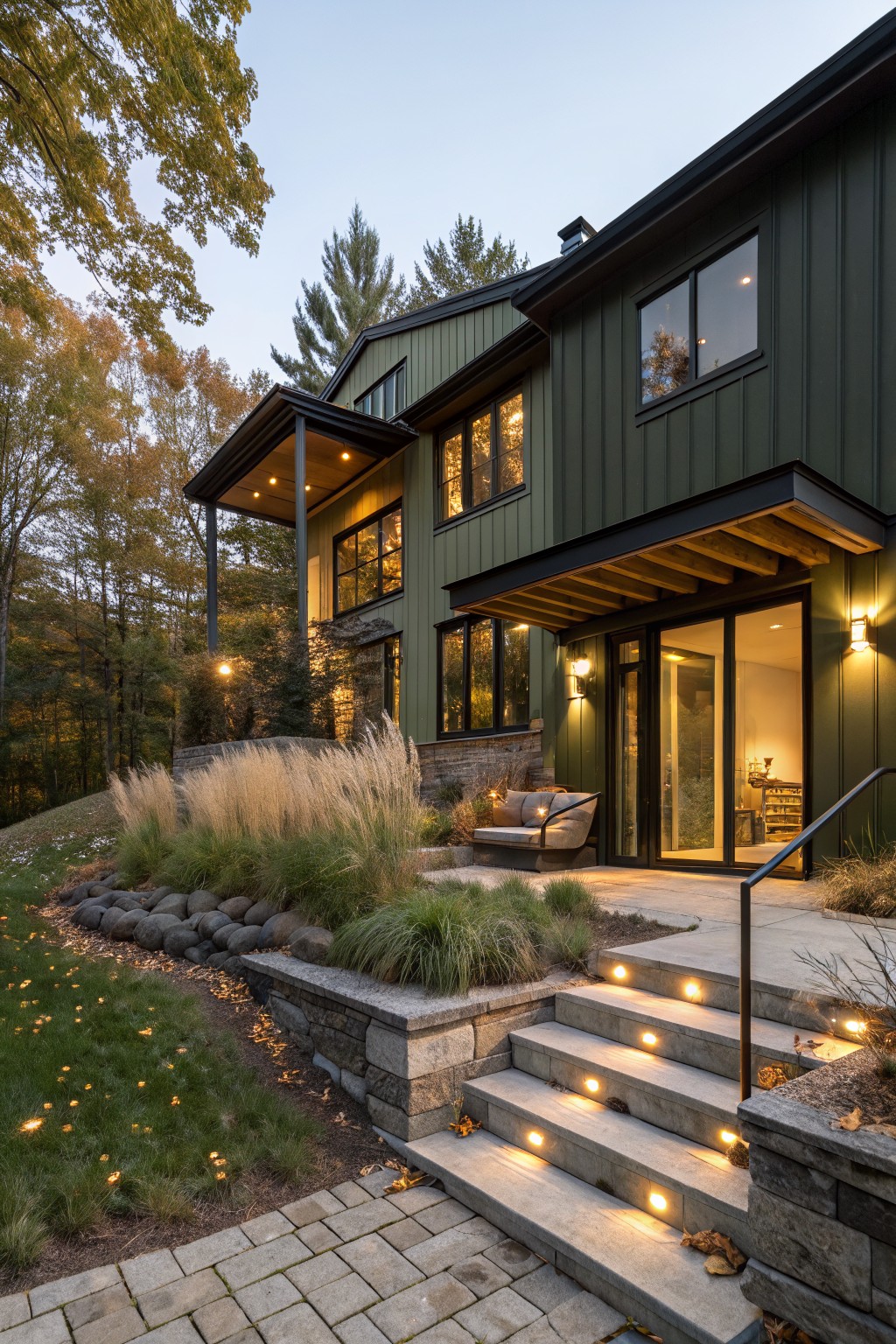 Two-story house with dark green board-and-batten siding, black trim, large lit windows, covered entry with glass door and outdoor loveseat, lit concrete steps, tall ornamental grasses, stone retaining walls, and surrounding autumn trees in evening light.